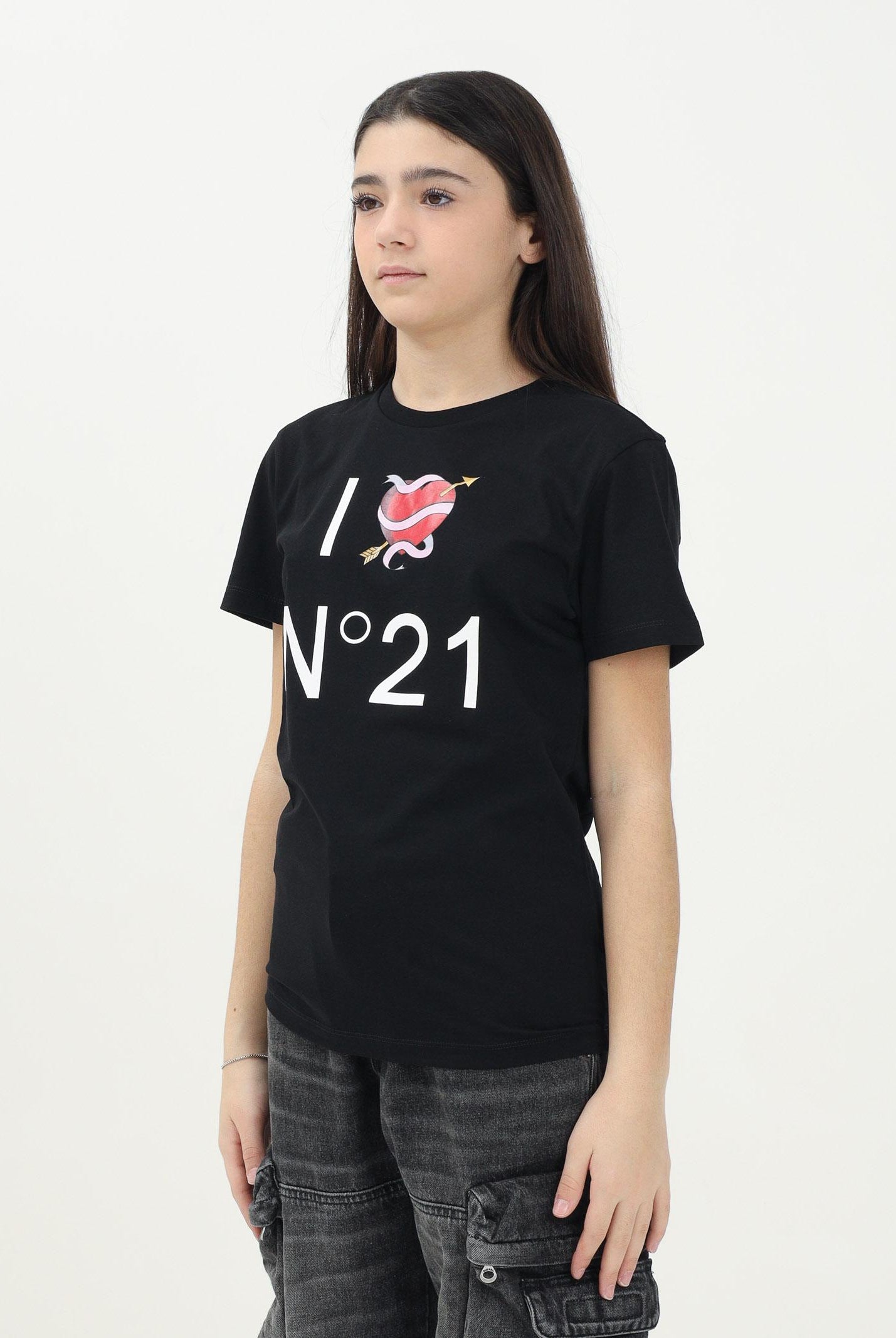 N21 T-shirt a manica corta nera per donna, ragazze e bambine con grafica I love N21 N2102CN0153 0N900 N21