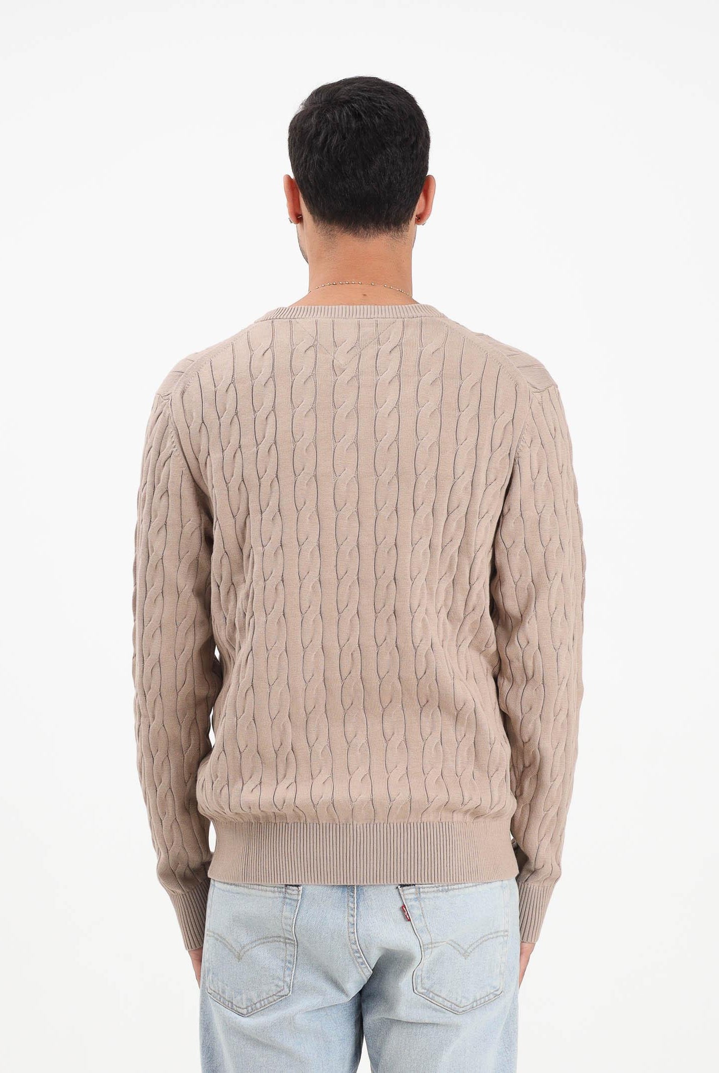 TOMMY HILFIGER Maglioncino girocollo beige da uomo con ricamo bandierina MW0MW33132AFE TOMMY HILFIGER