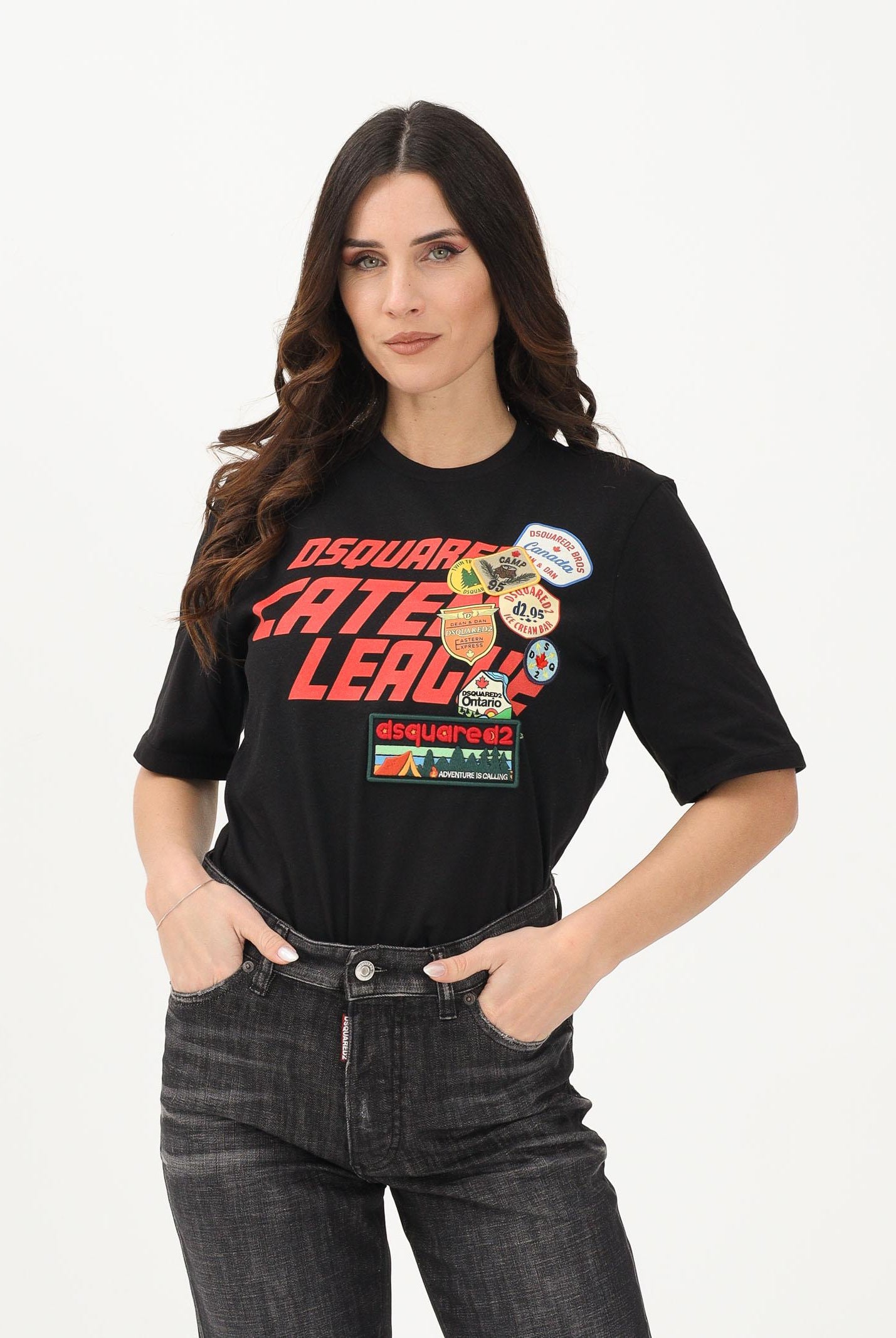 DSQUARED2 T-shirt a manica corta nera per donna, ragazzi e bambini con logo applicato e patch DQ3165D0ACD DQ900 DSQUARED2