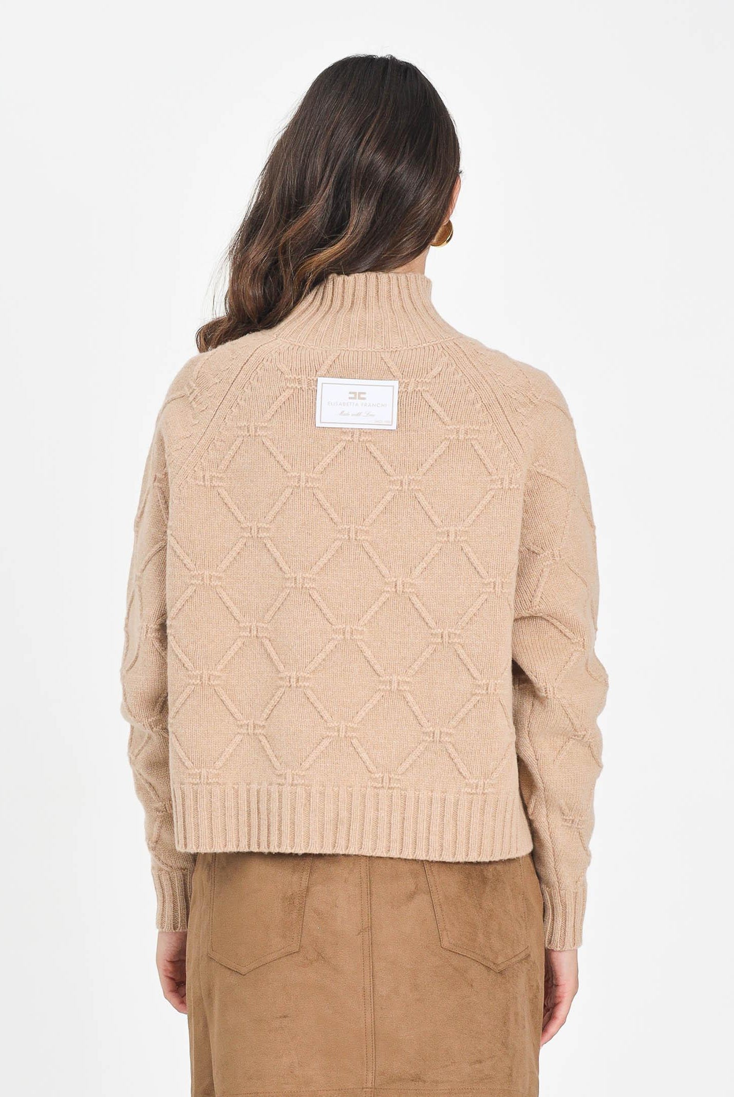 ELISABETTA FRANCHI Maglione a collo alto beige da donna con losanghe jacquard MK55T57E2 EA2 ELISABETTA FRANCHI