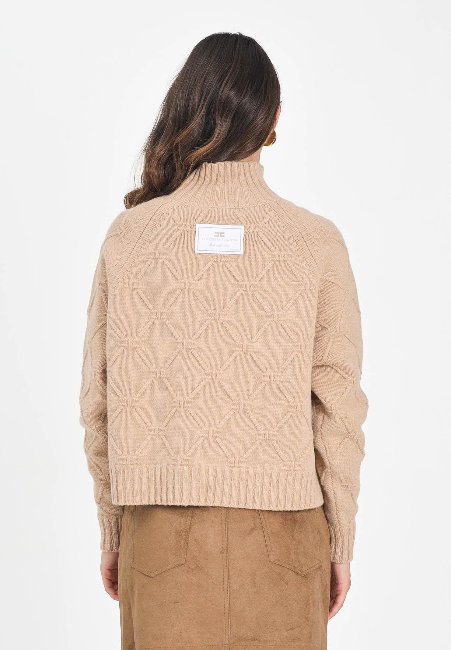 ELISABETTA FRANCHI Maglione a collo alto beige da donna con losanghe jacquard MK55T57E2 EA2 ELISABETTA FRANCHI