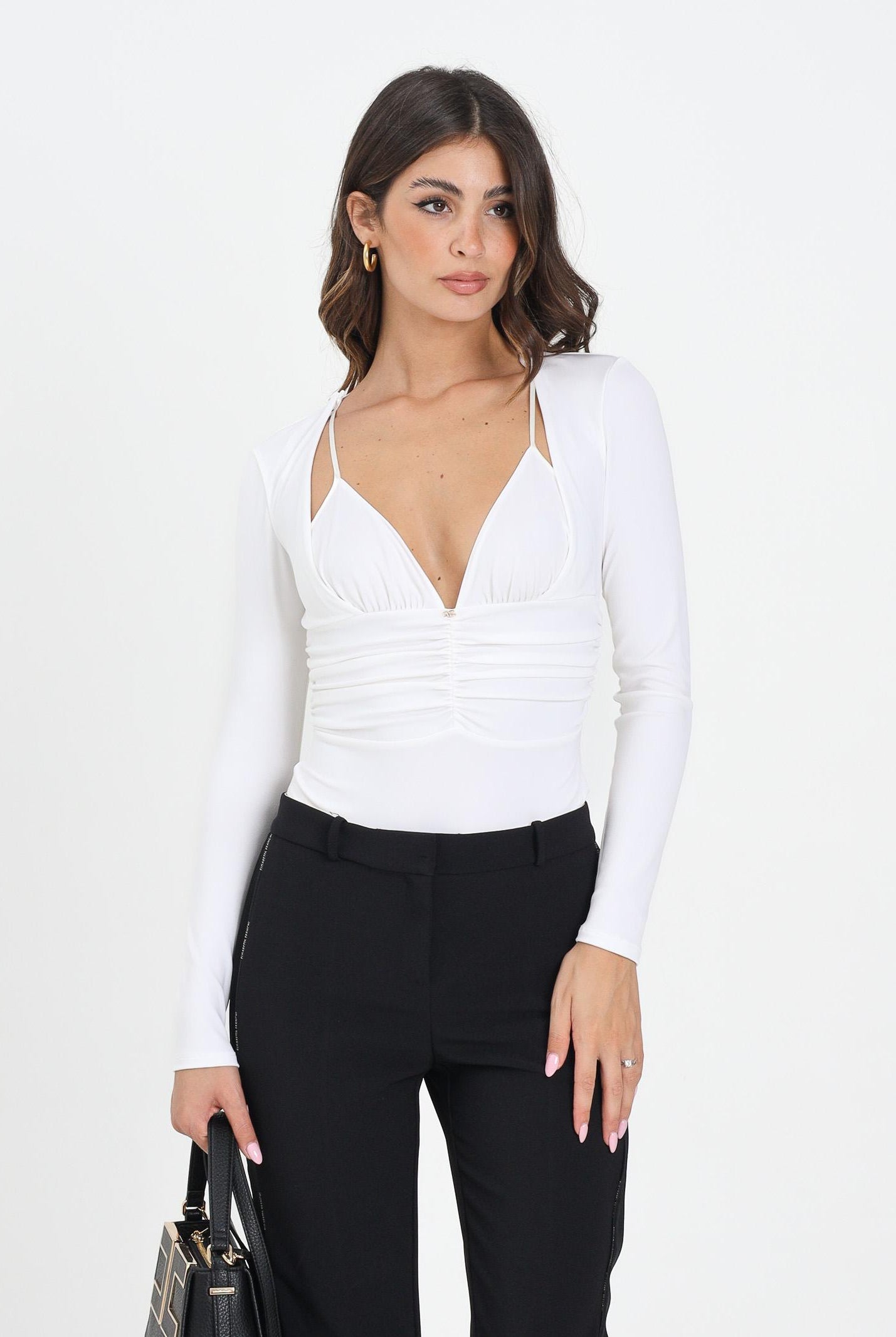 ELISABETTA FRANCHI Body manica lunga avorio da donna con drappeggi BO00356E2 360 ELISABETTA FRANCHI