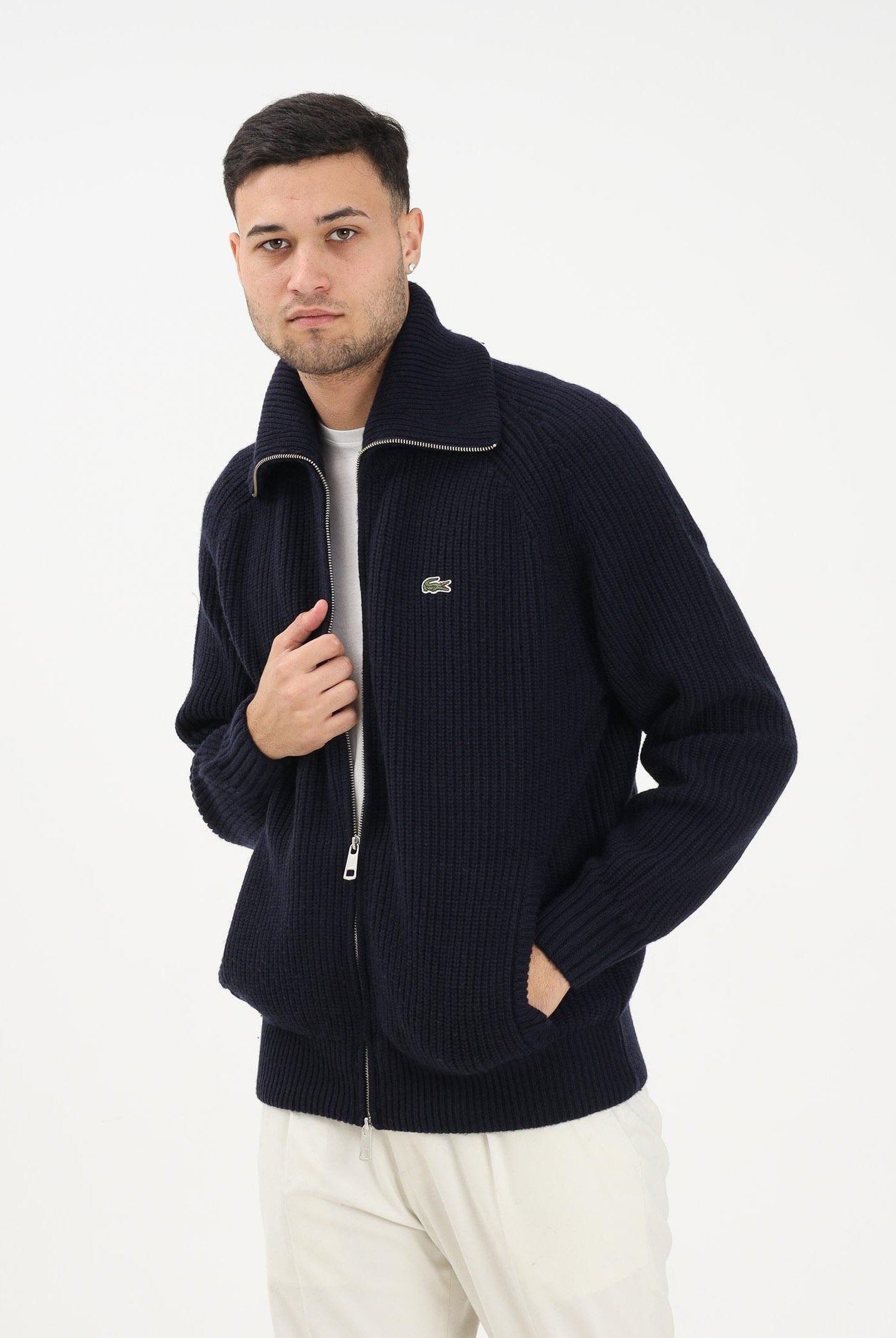 LACOSTE Cardigan blu da uomo con zip e logo AH5175 166 LACOSTE
