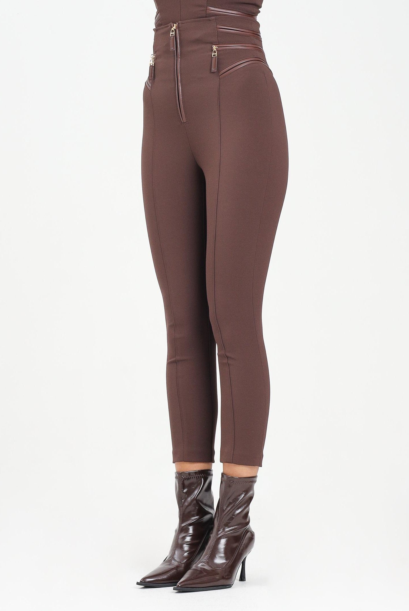 ELISABETTA FRANCHI Pantalone elegante marrone da donna con dettagli zip<BR/> PA11956E2 EA3 ELISABETTA FRANCHI