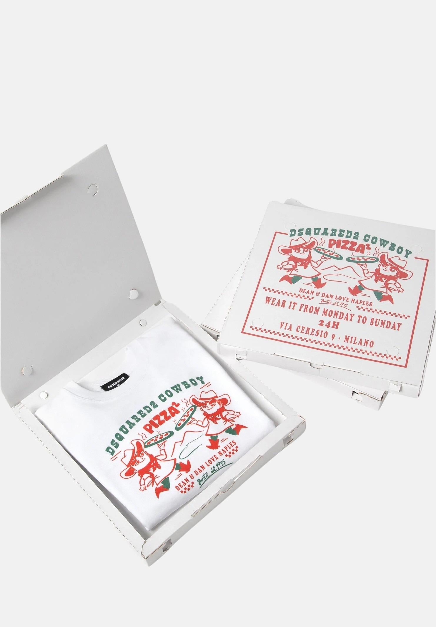 Felpa girocollo bianca per bambino e bambina con grafica Cowboy Pizza DQ2977D0094-B DQ100 DSQUARED2