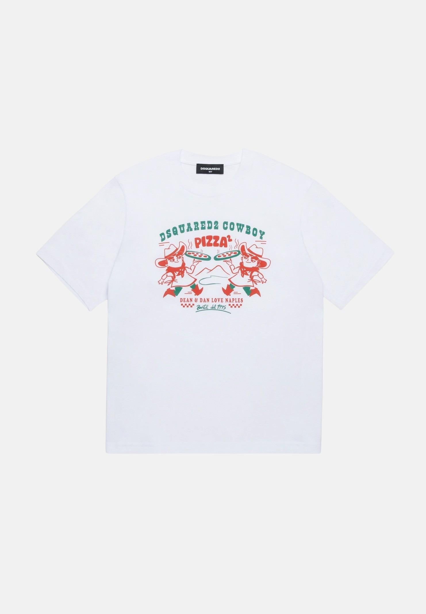 T-shirt a manica corta bianca per bambino e bambina con grafica Cowboy Pizza DQ2975D004G-B DQ100 DSQUARED2