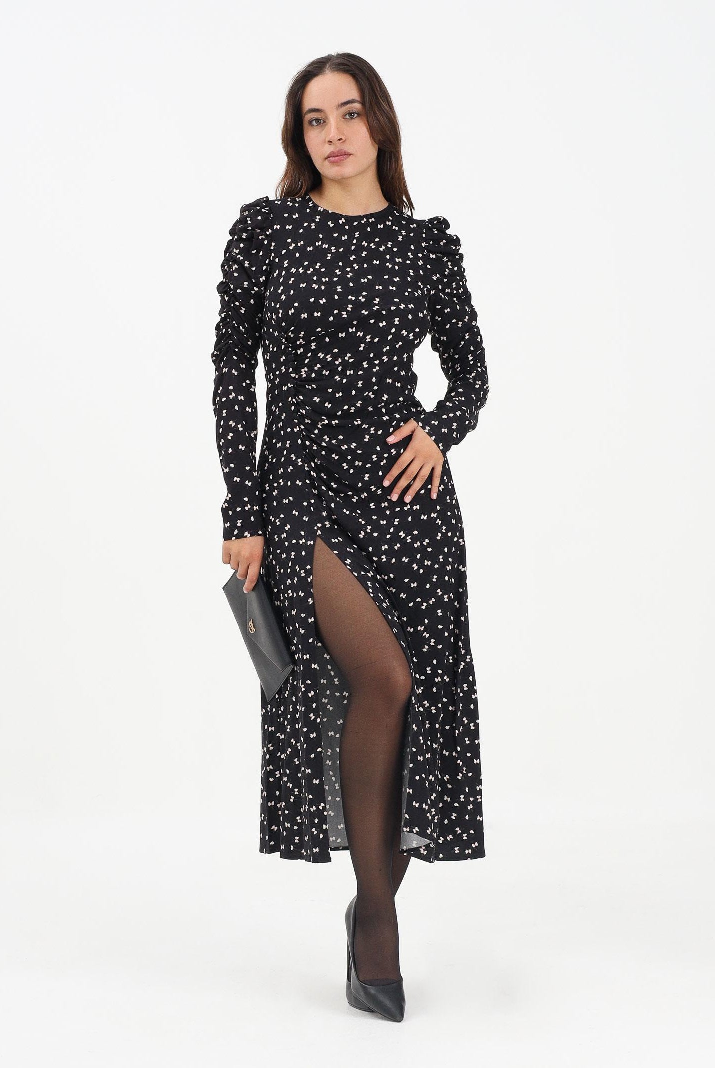 MAR DE MARGARITAS Abito midi Chloe nero da donna con micro fantasia papillon MMABW01290 NE103 Mar de margaritas