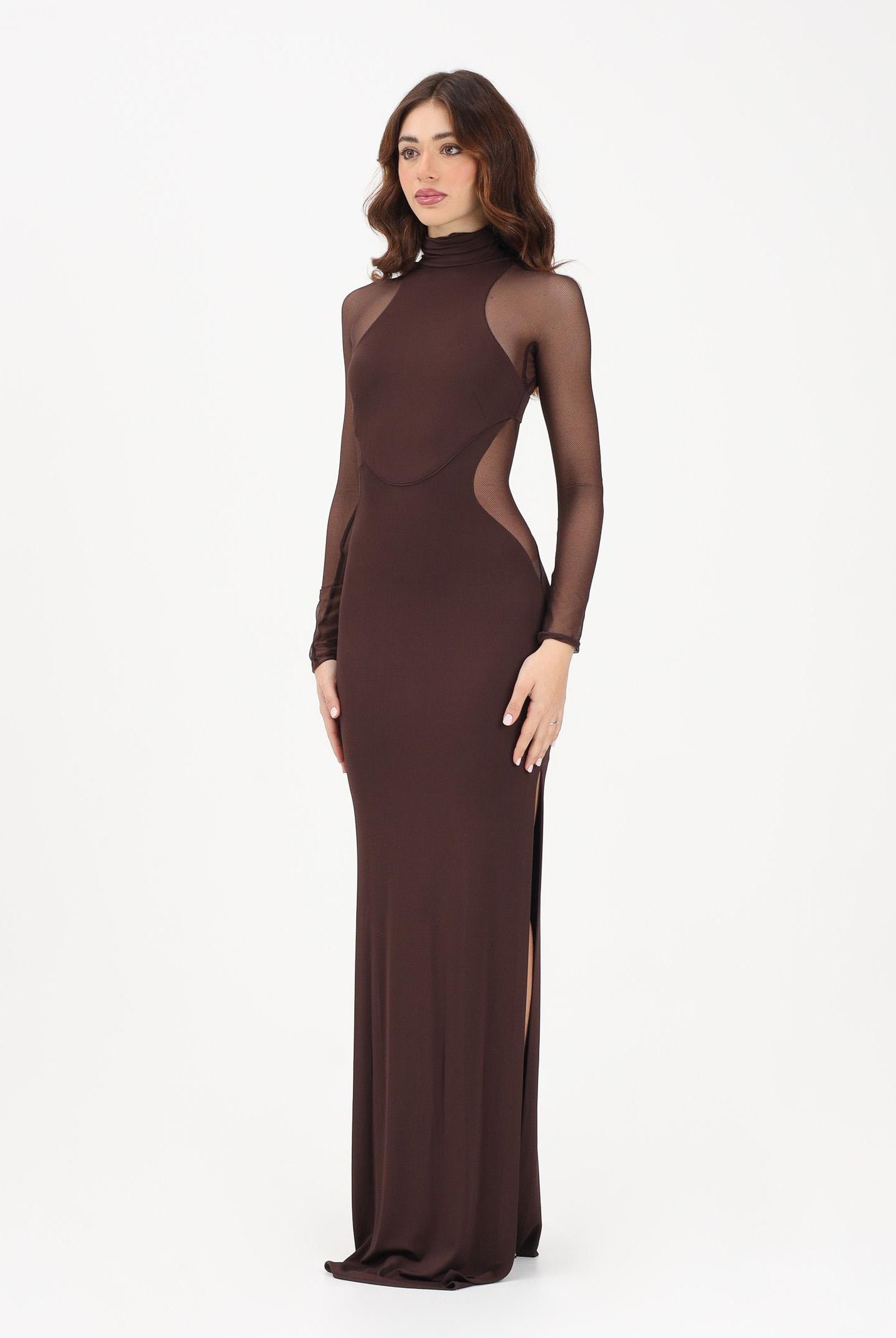 ELISABETTA FRANCHI Abito lungo marrone da donna con trasparenze ABR2263E2 644 ELISABETTA FRANCHI