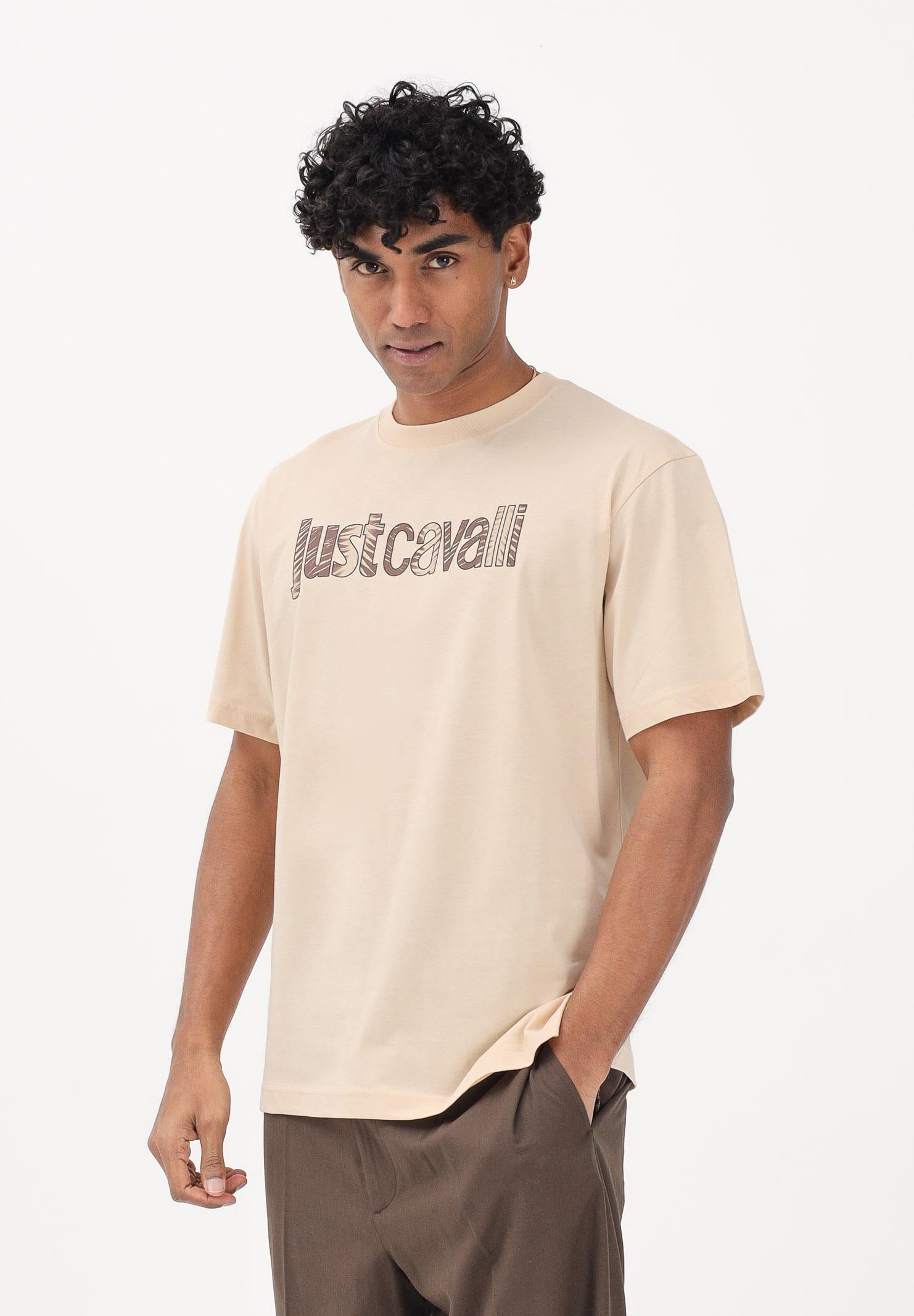 JUST CAVALLI T-shirt a manica corta beige da uomo con logo 80OAHT03CJ500 774 JUST CAVALLI