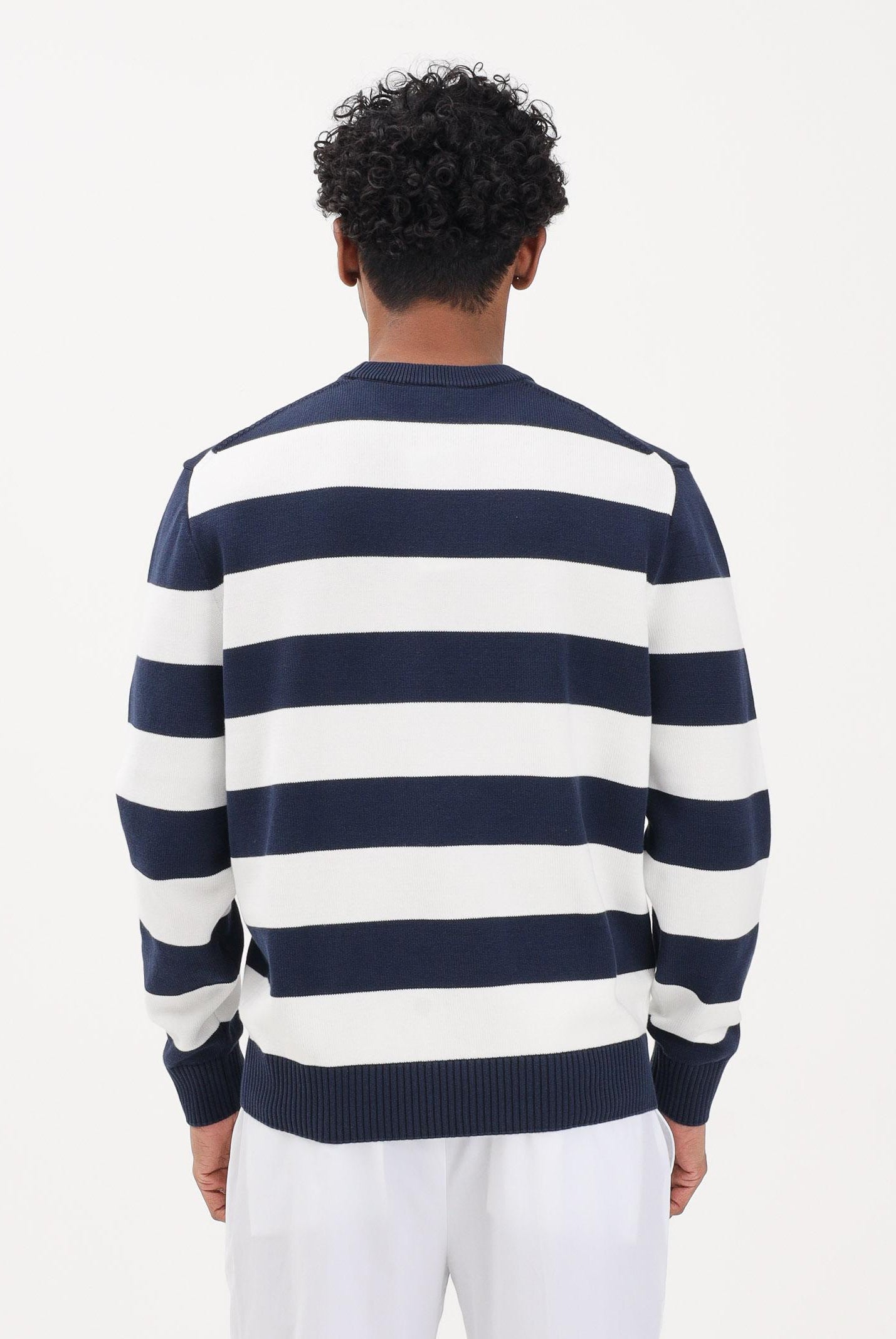 LACOSTE Maglioncino girocollo bianco e blu da uomo con motivo a righe vistose AH0608 HHW LACOSTE