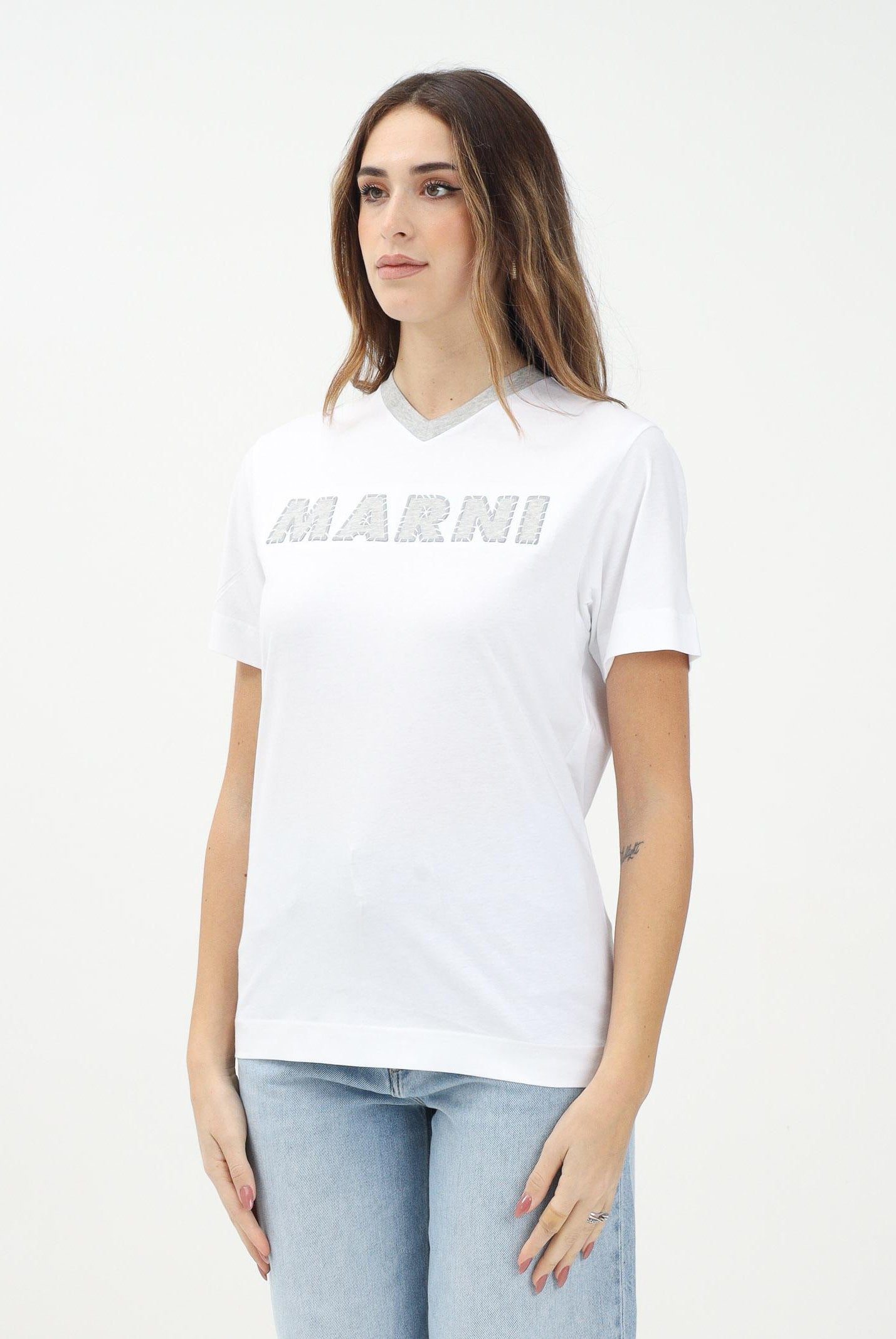 MARNI T-shirt a manica corta bianca per donna, ragazzi e bambini con logo a contrasto M01412M00HZ 0M100 MARNI