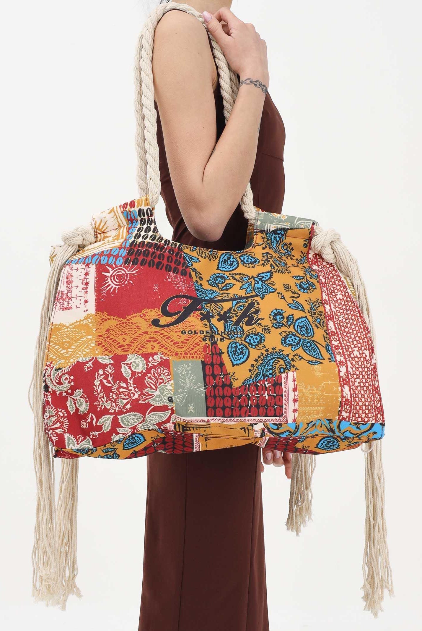 F**K Borsa mare multicolore da donna con manici in corda e frange laterali FA26-SW0081X38 . F**K
