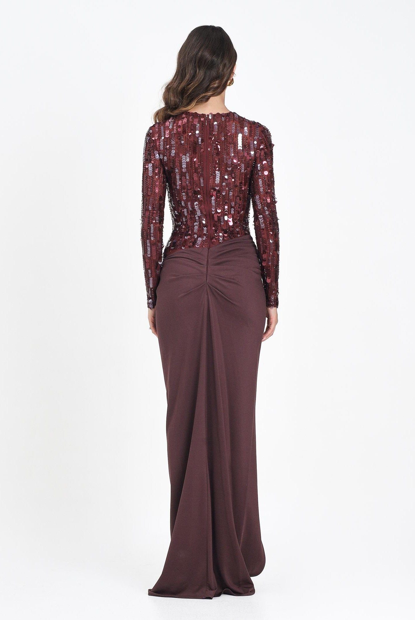 ELISABETTA FRANCHI Abito lungo bordeaux da donna in tulle e jersey con paillettes ABR2057E2 CG3 ELISABETTA FRANCHI