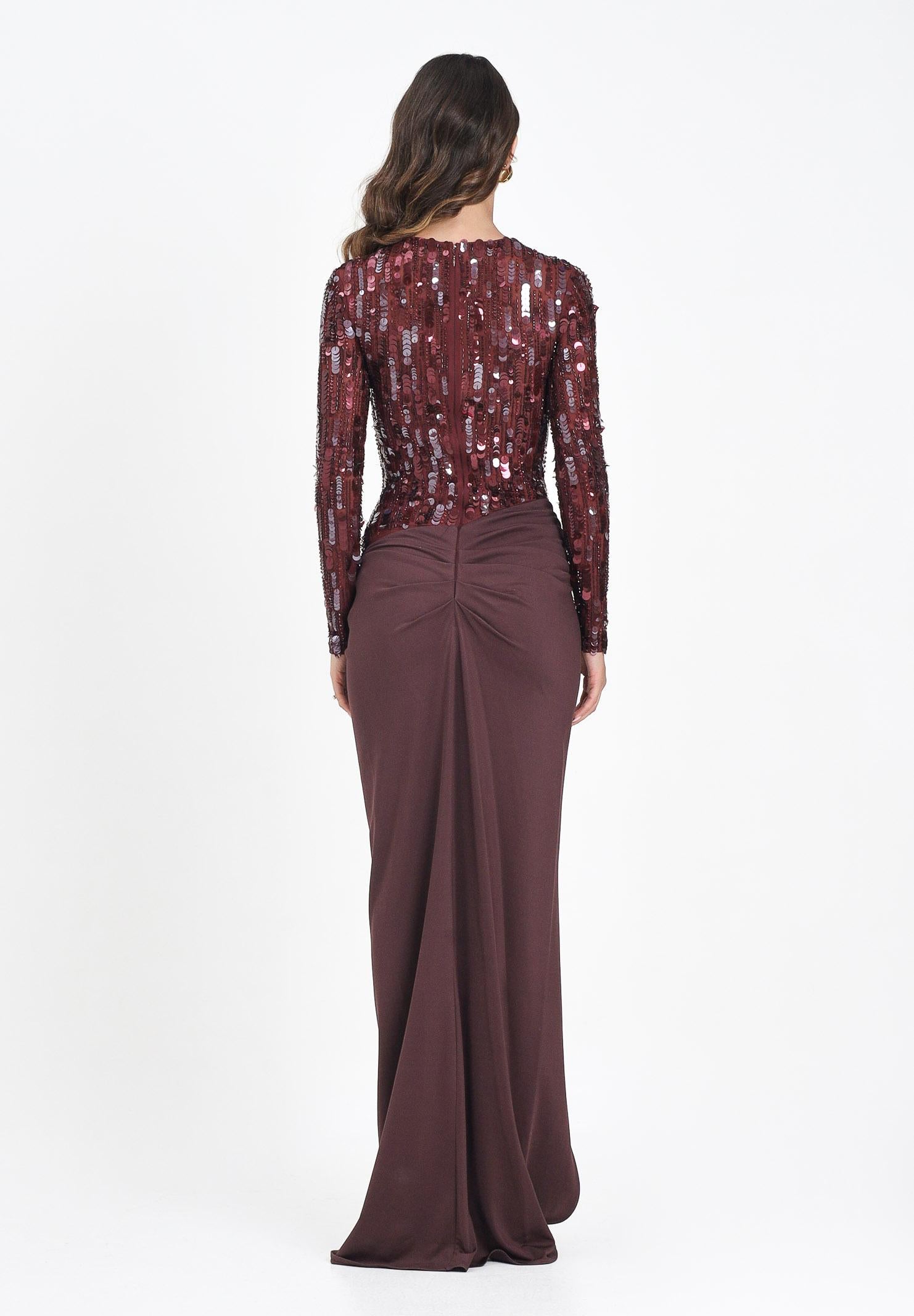 ELISABETTA FRANCHI Abito lungo bordeaux da donna in tulle e jersey con paillettes ABR2057E2 CG3 ELISABETTA FRANCHI