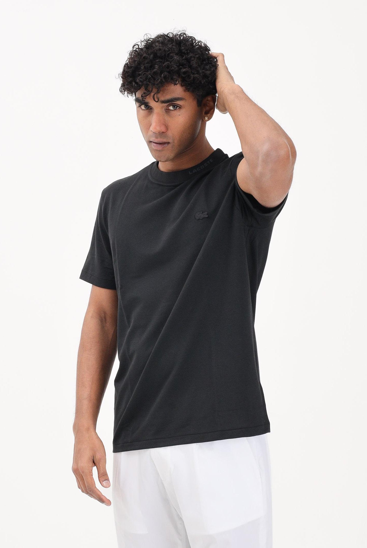 LACOSTE T-shirt a manica corta nera da uomo in piqué con marchio jacquard TH5060 031 LACOSTE