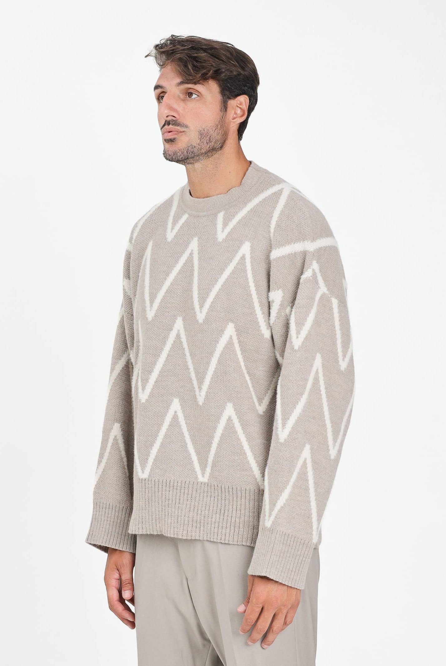 I'M BRIAN Maglione girocollo beige da uomo con motivo zig-zag MA3402 0025 I'M BRIAN