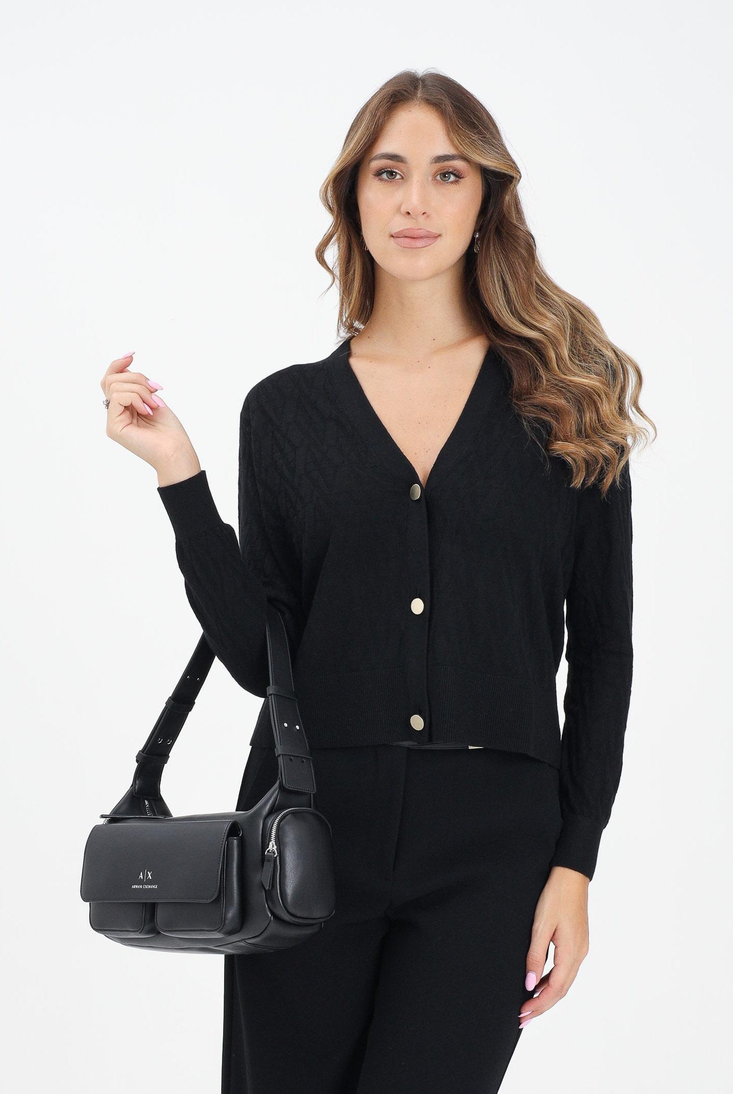 ARMANI EXCHANGE Cardigan corto nero da donna con logo all-over XW001315AF16619 FC101 ARMANI EXCHANGE