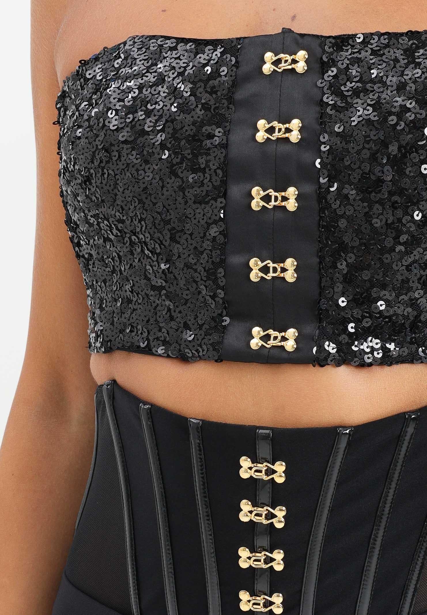 ELISABETTA FRANCHI Top nero da donna con paillettes e ganci gioiello<BR/> TO04757E2 110 ELISABETTA FRANCHI