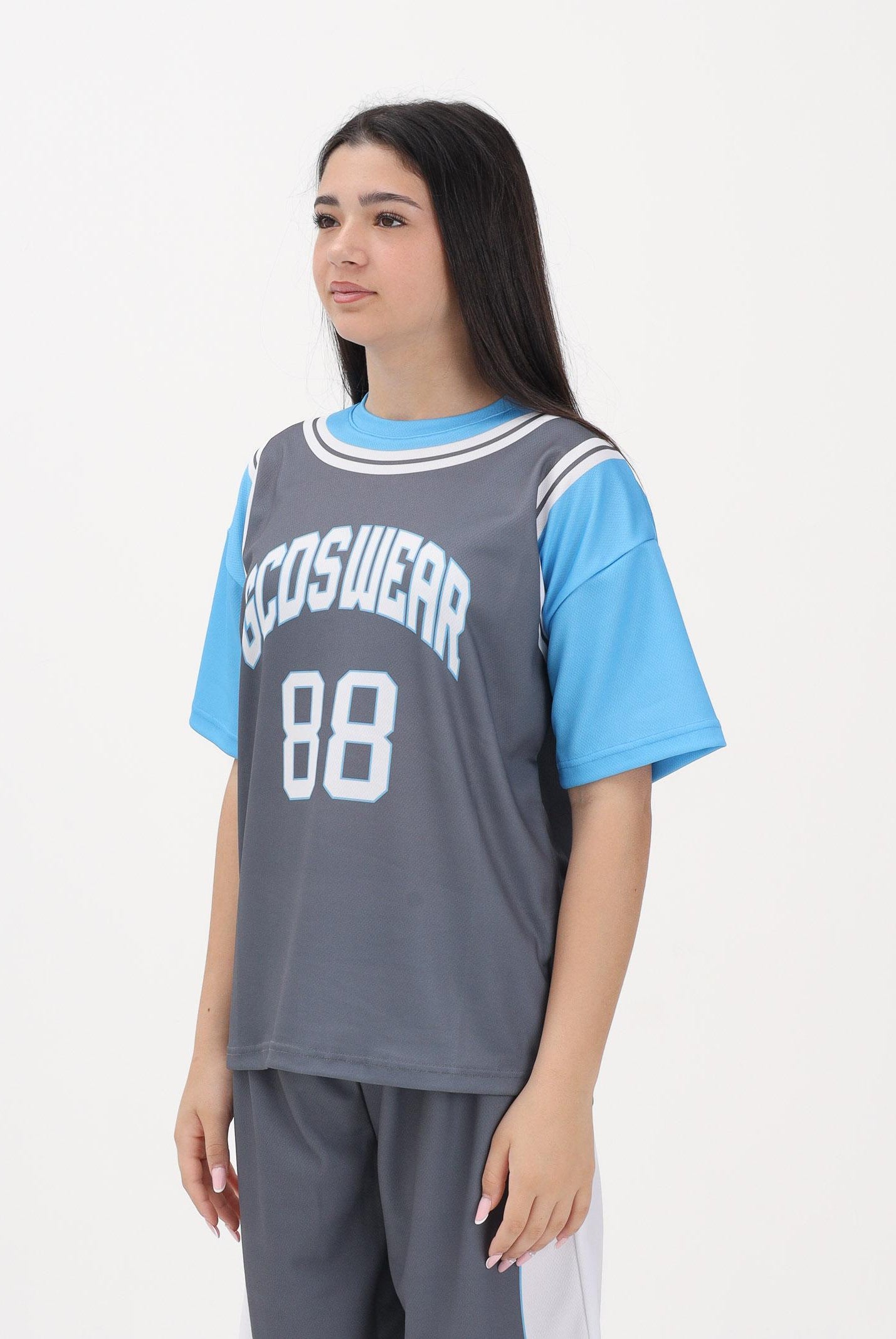 GCDS T-shirt a manica corta grigia e azzurra per donna, ragazzi e bambini con stampa C1BJQC706J338 955E GCDS