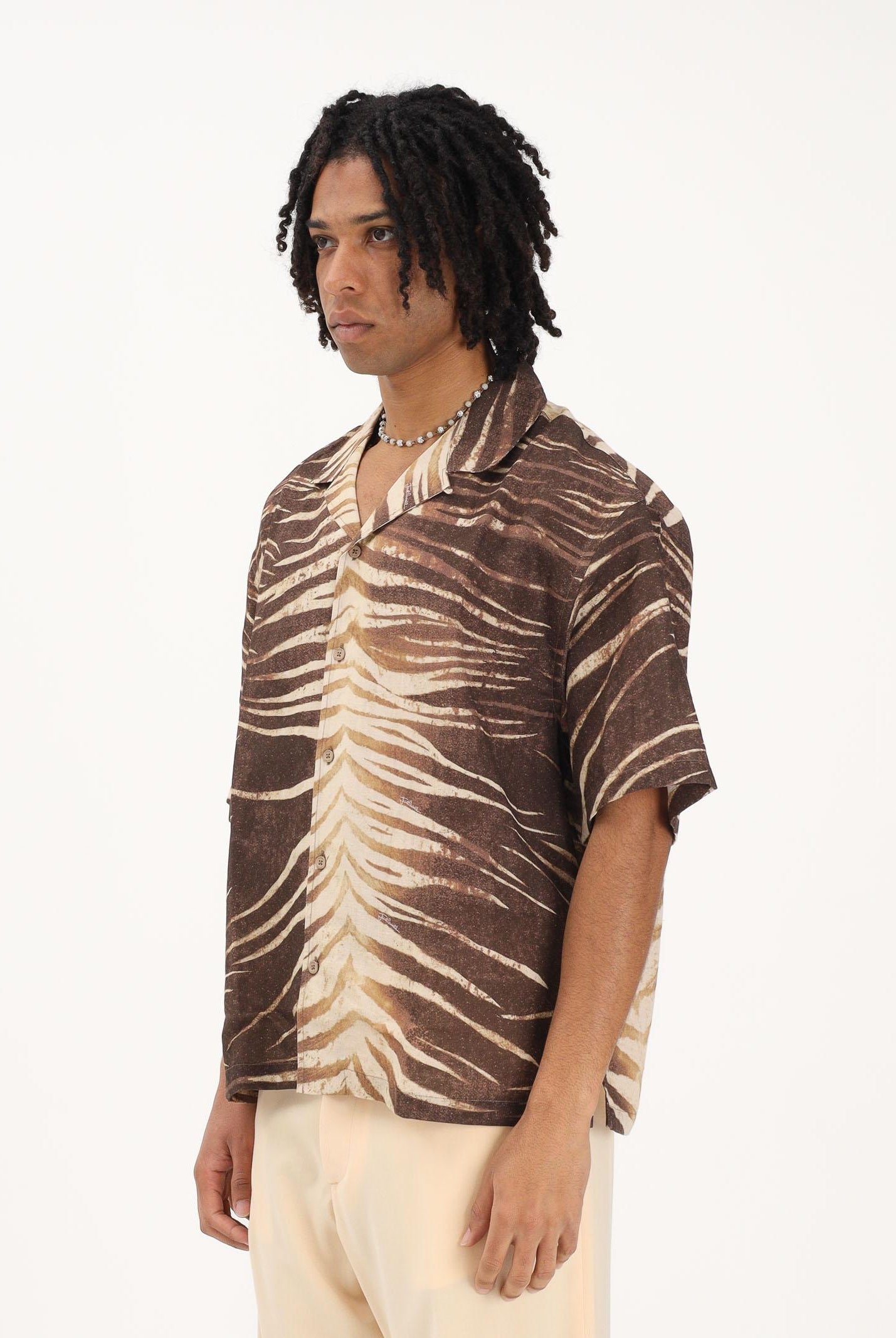 JUST CAVALLI Camicia a manica corta beige e marrone da uomo con fantasia tigrata 80OALF02CNF06 R83 JUST CAVALLI