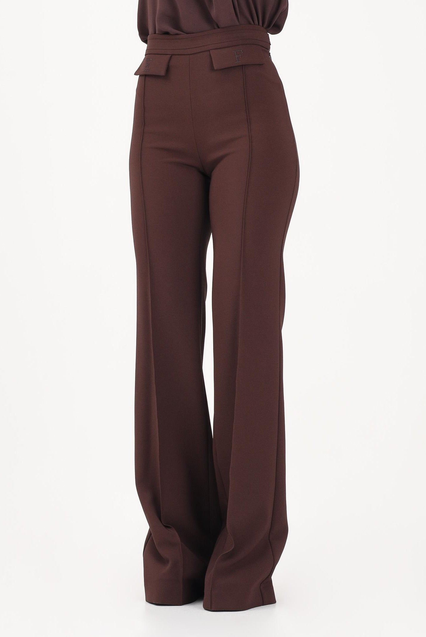 ELISABETTA FRANCHI Pantalone elegante cacao da donna con logo ricamato<BR/> PA17161E2 644 ELISABETTA FRANCHI