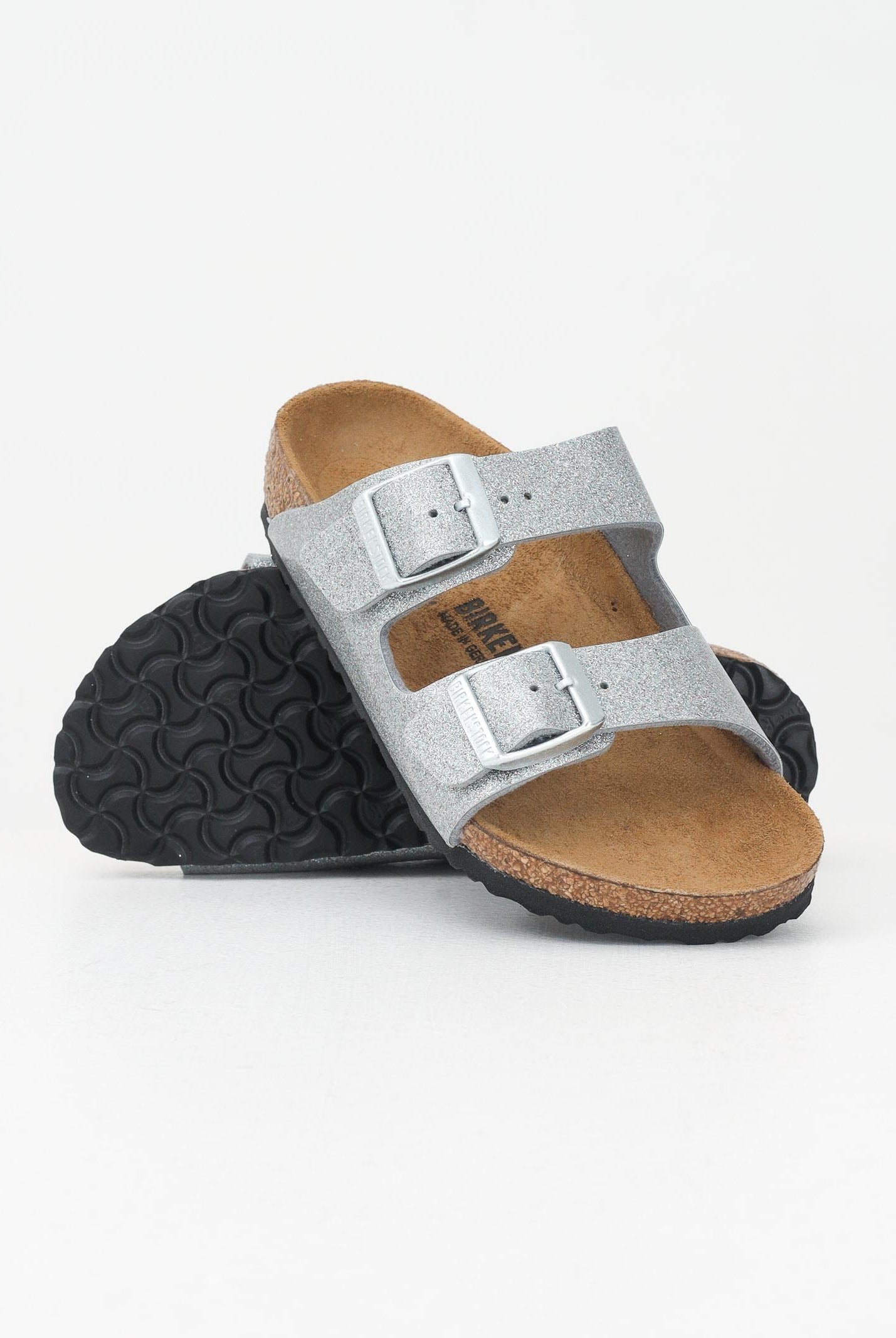 BIRKENSTOCK Ciabatte Arizona argento da bambina con glitter 1029468 . BIRKENSTOCK