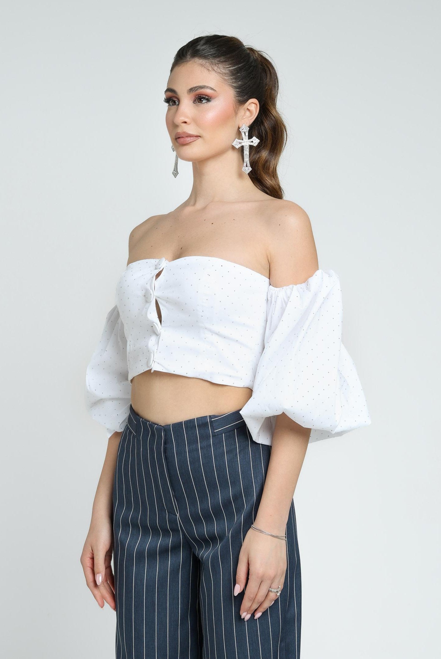 SANTAS Top elegante bianco da donna interamente ricoperto di strass PV2501 BIANCO SANTAS