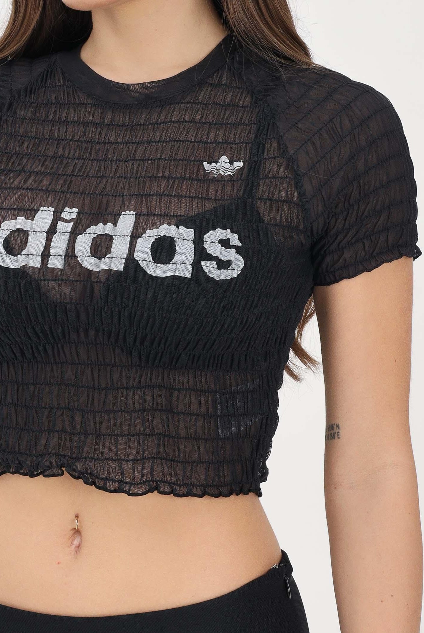 ADIDAS ORIGINALS T-shirt a manica corta SMOCKED CALI nera da donna KD0300 . ADIDAS ORIGINALS