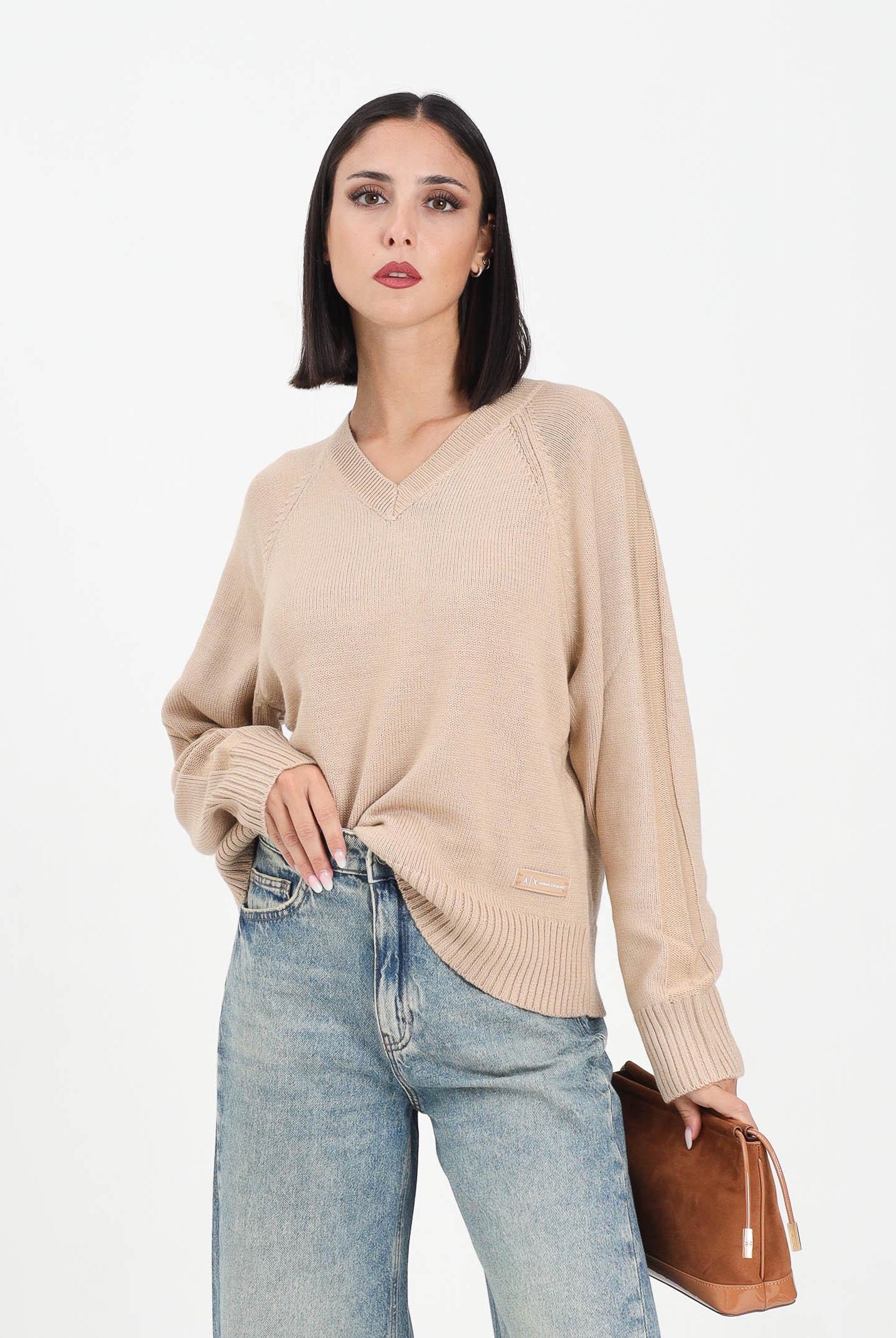 ARMANI EXCHANGE Maglioncino con scollo a V beige da donna XW001335AF13774 U1051 ARMANI EXCHANGE