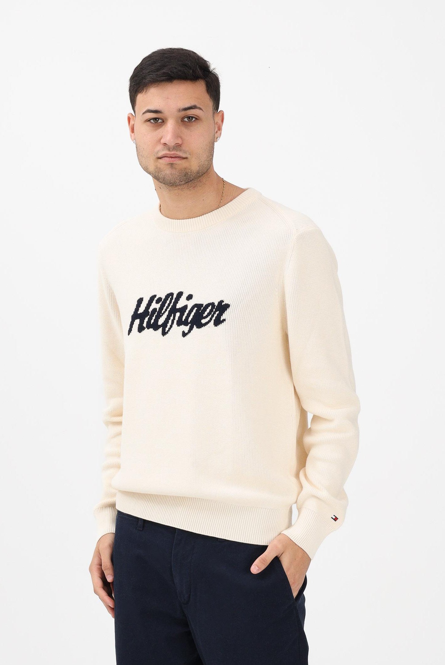 TOMMY HILFIGER Maglioncino girocollo panna da uomo con logo MW0MW41647 AEF TOMMY HILFIGER