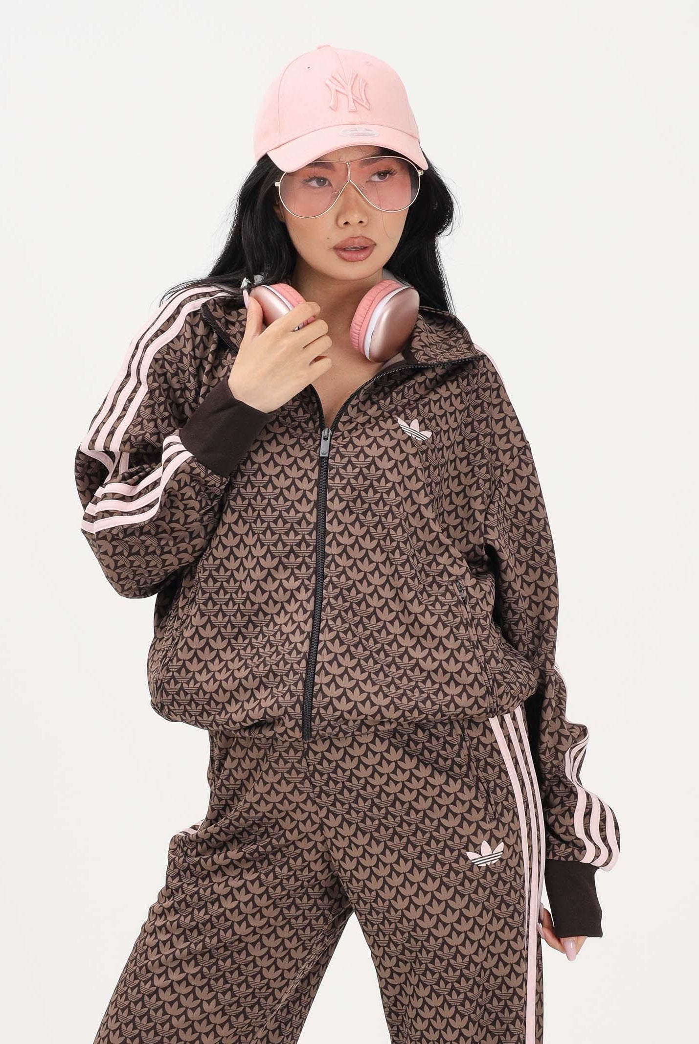 ADIDAS ORIGINALS Felpa con zip Firebird Loose Monogram marrone e rosa per uomo e donna KE1677 . ADIDAS ORIGINALS