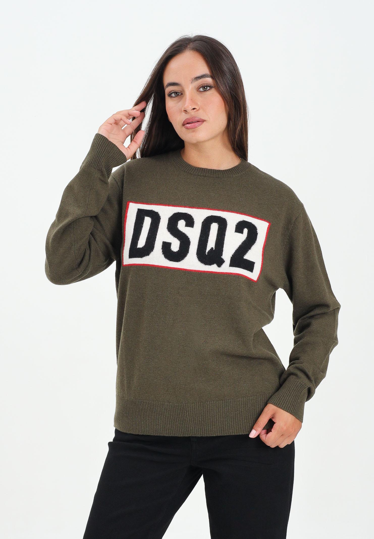 DSQUARED2 Maglioncino girocollo verde oliva per donna, ragazzi e bambini con logo DSQ2 DQ3071D0AFF DQ518 DSQUARED2