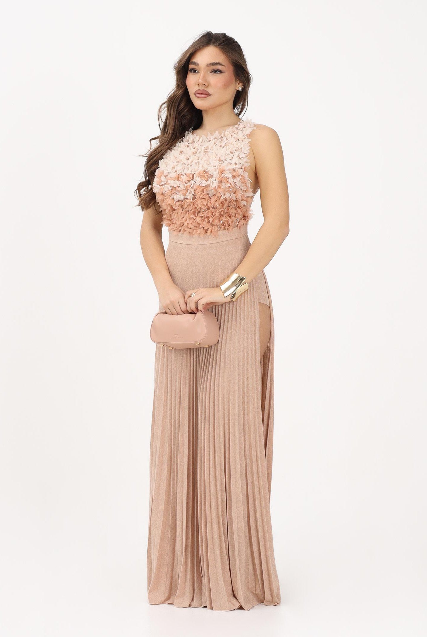 ELISABETTA FRANCHI Abito lungo nude da donna in tulle e jersey lurex ABR4462E2 X81 ELISABETTA FRANCHI