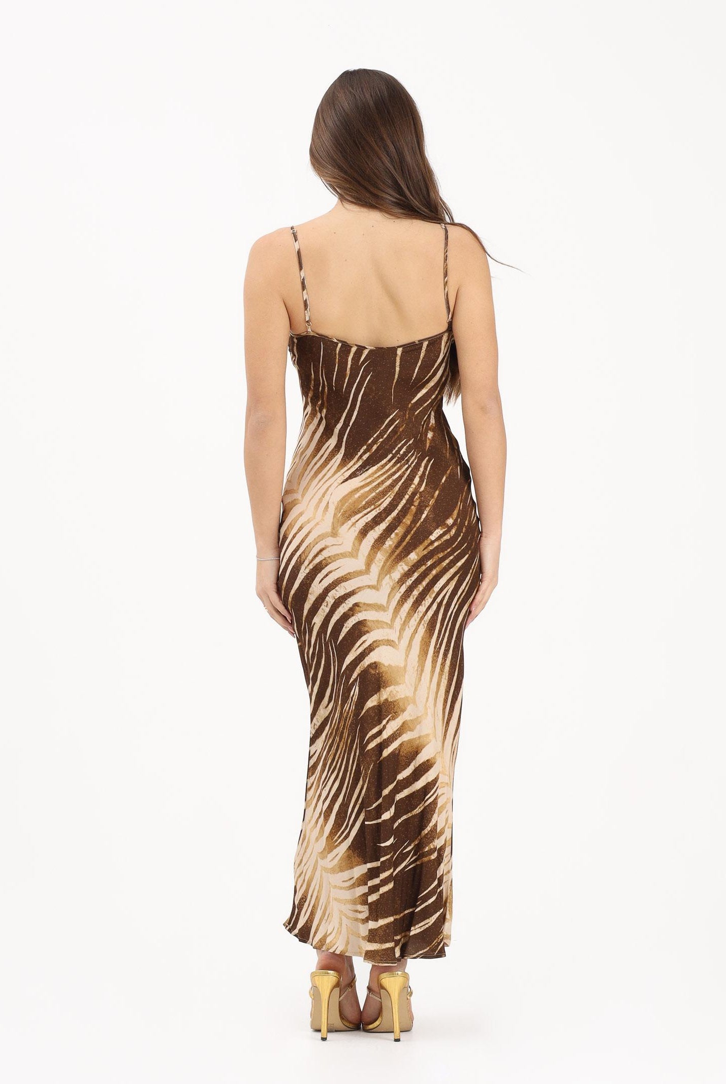 JUST CAVALLI Abito midi beige da donna con stampa di foglie stilizzate 80PAO925NS819 751 JUST CAVALLI