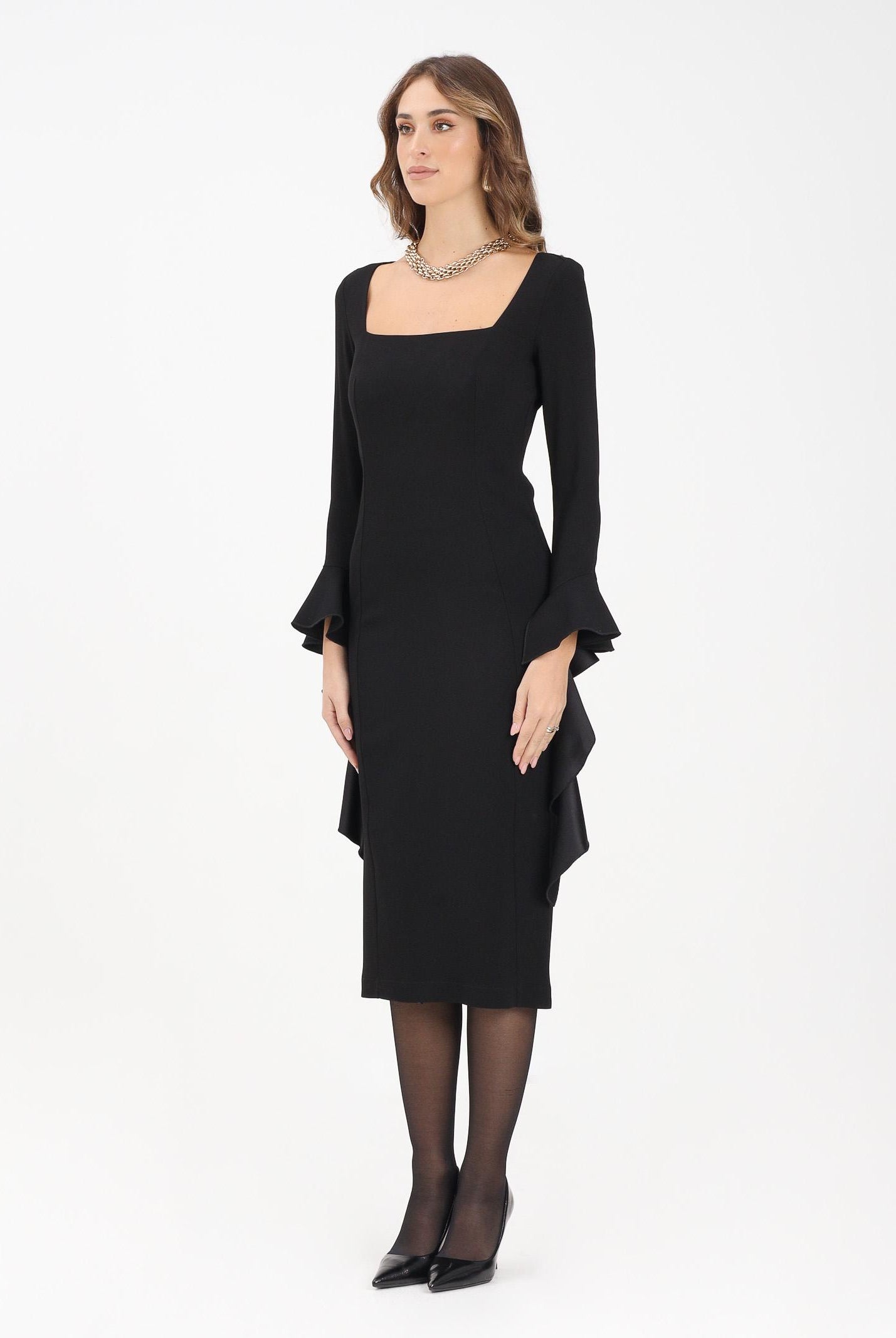 PINKO Abito midi nero da donna con volant<BR/><BR/> 105736A2Q2 Z99 PINKO