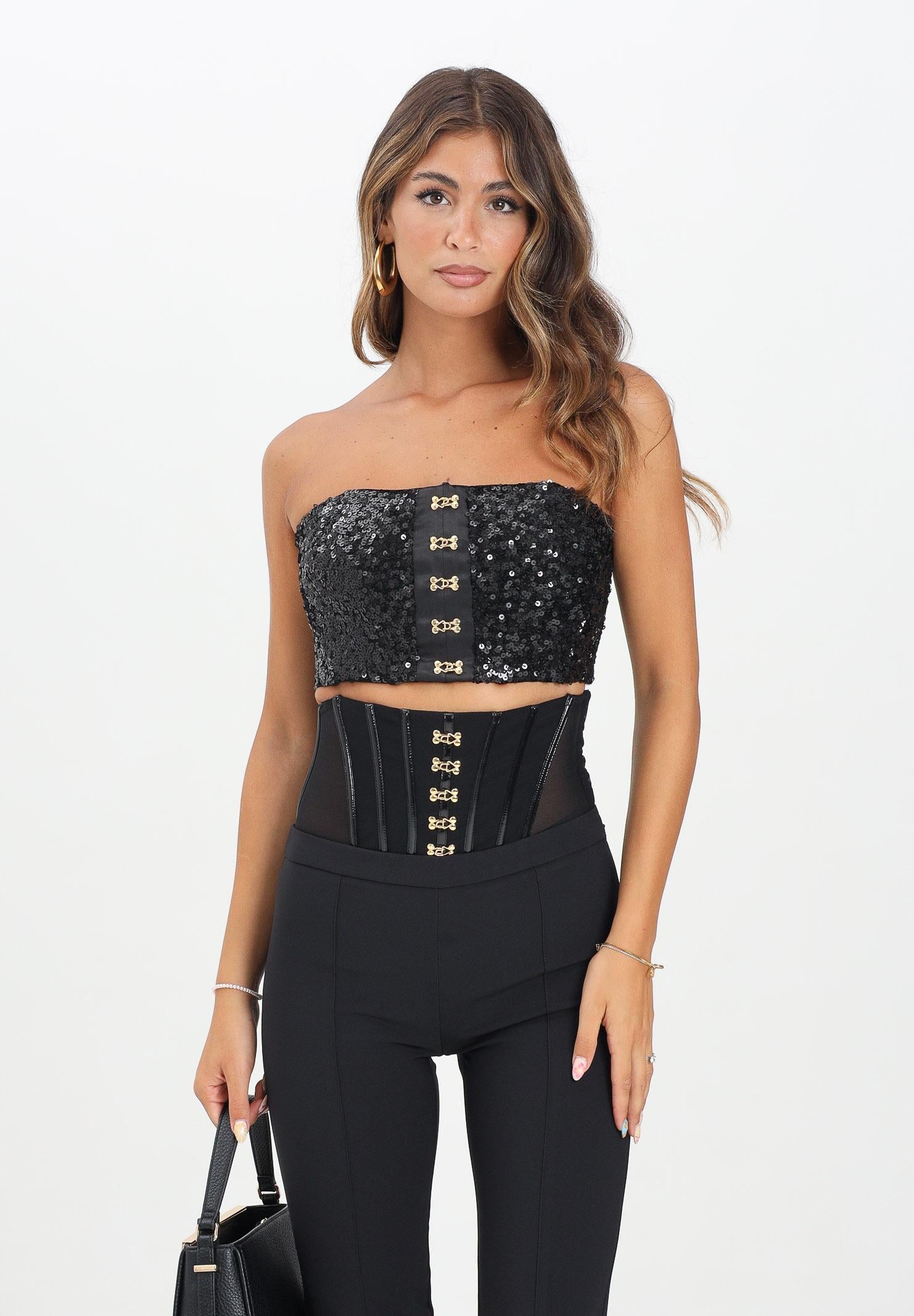 ELISABETTA FRANCHI Top nero da donna con paillettes e ganci gioiello<BR/> TO04757E2 110 ELISABETTA FRANCHI