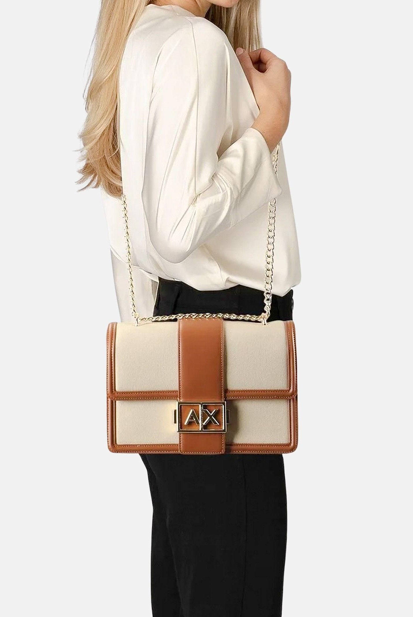 ARMANI EXCHANGE Borsa a tracolla beige e cuoio da donna con fibbia logo XW000070AF22570 M6261 ARMANI EXCHANGE