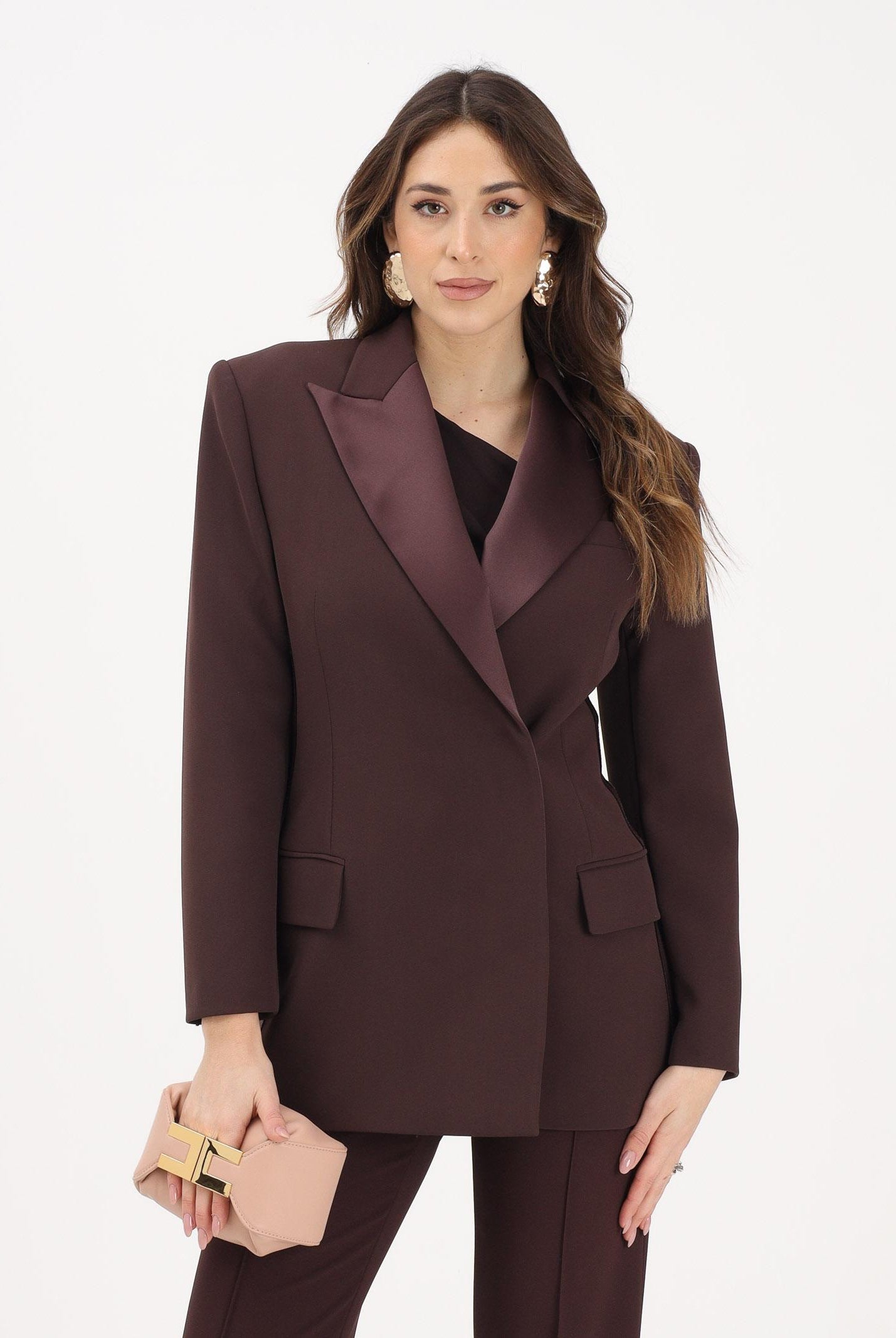 ELISABETTA FRANCHI Giacca doppiopetto cacao da donna in crêpe leggero e raso GI24163E2 644 ELISABETTA FRANCHI