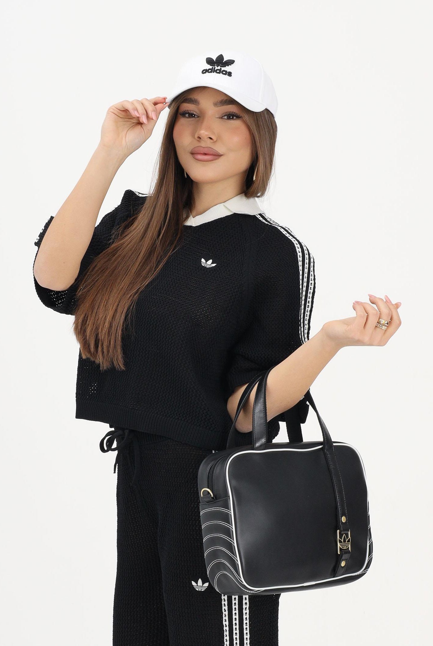 ADIDAS ORIGINALS Polo a manica corta KNITTED CROCHET nera da donna KC6491 . ADIDAS ORIGINALS