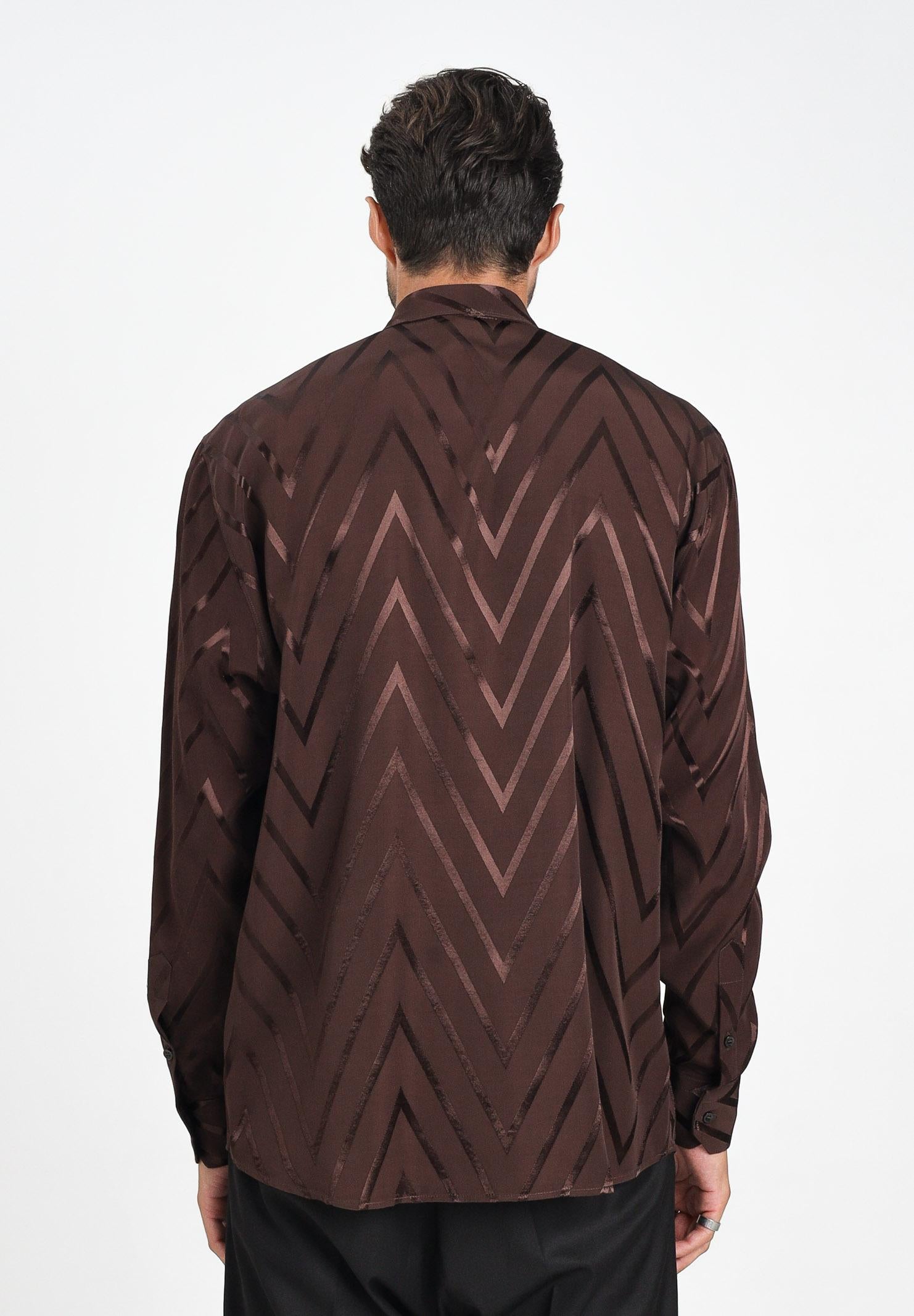 I'M BRIAN Camicia a manica lunga marrone da uomo con fantasia zig-zag CA3426 020 I'M BRIAN