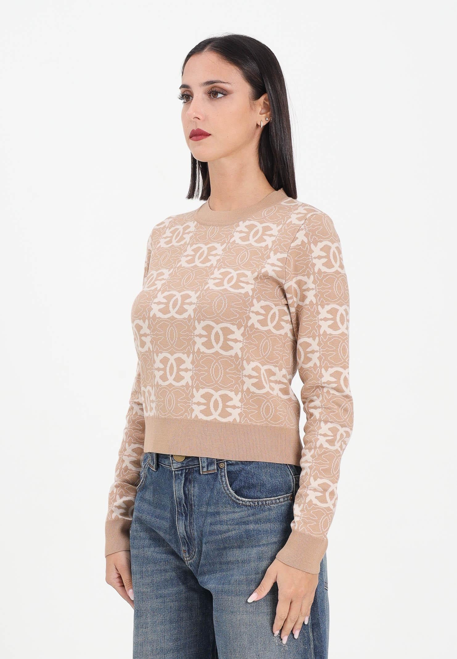 PINKO Maglioncino girocollo beige da donna con logo Love Birds 106041A2YD C4Z PINKO