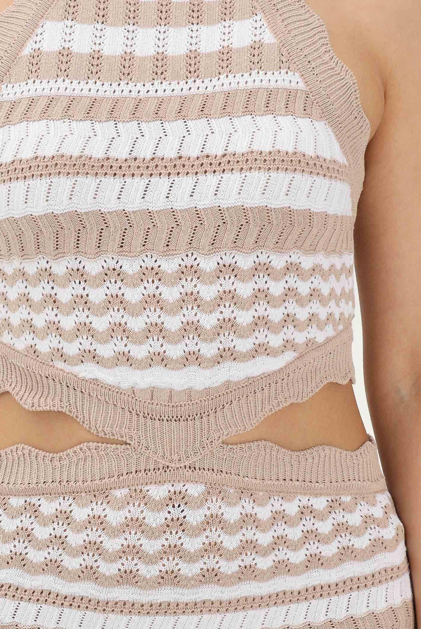 AKEP Abito lungo a righe bianco e beige da donna VSKD13206 V3 AKEP