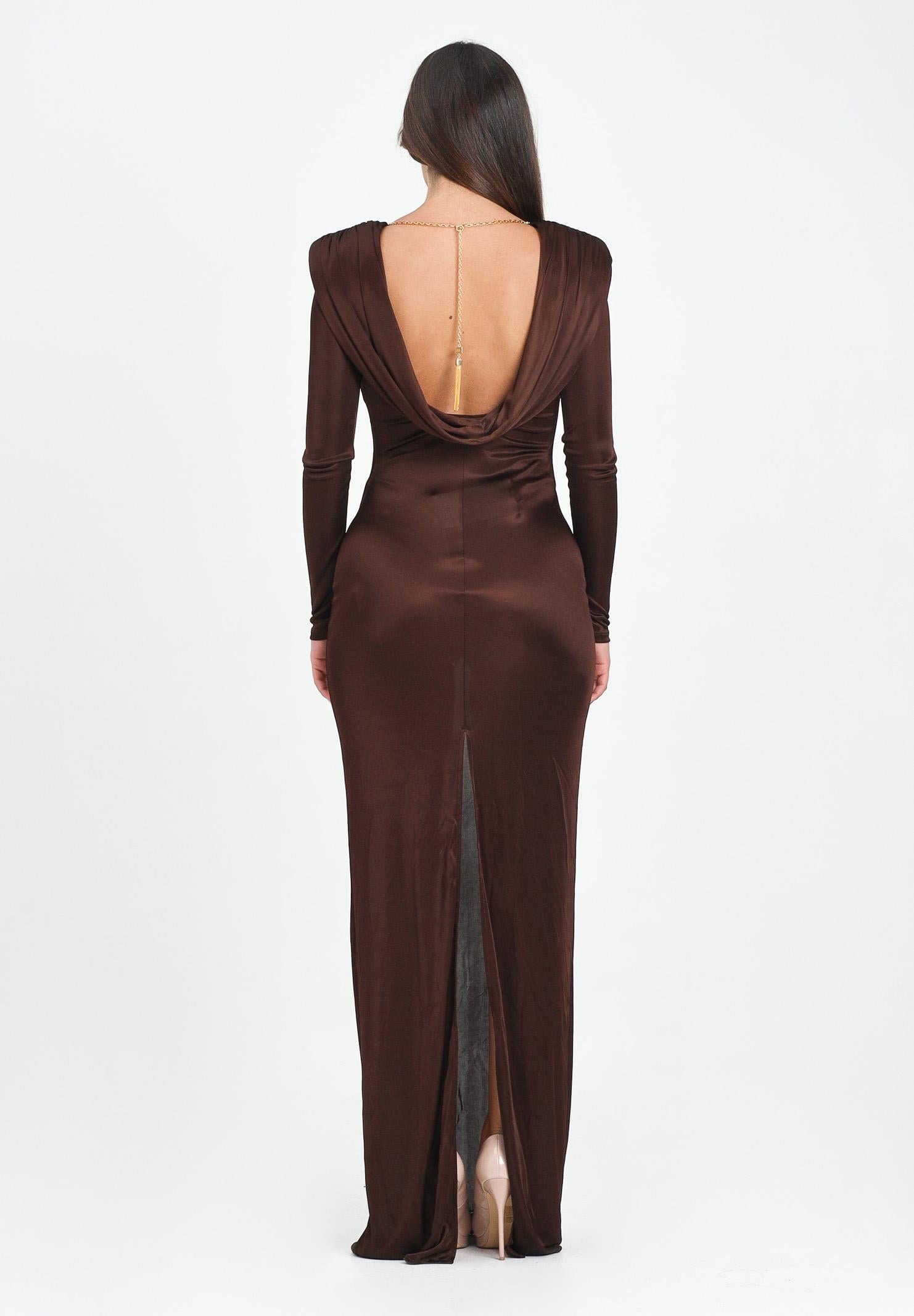 ELISABETTA FRANCHI Abito lungo marrone da donna in jersey di viscosa lucida ABR1056E2 EA3 ELISABETTA FRANCHI