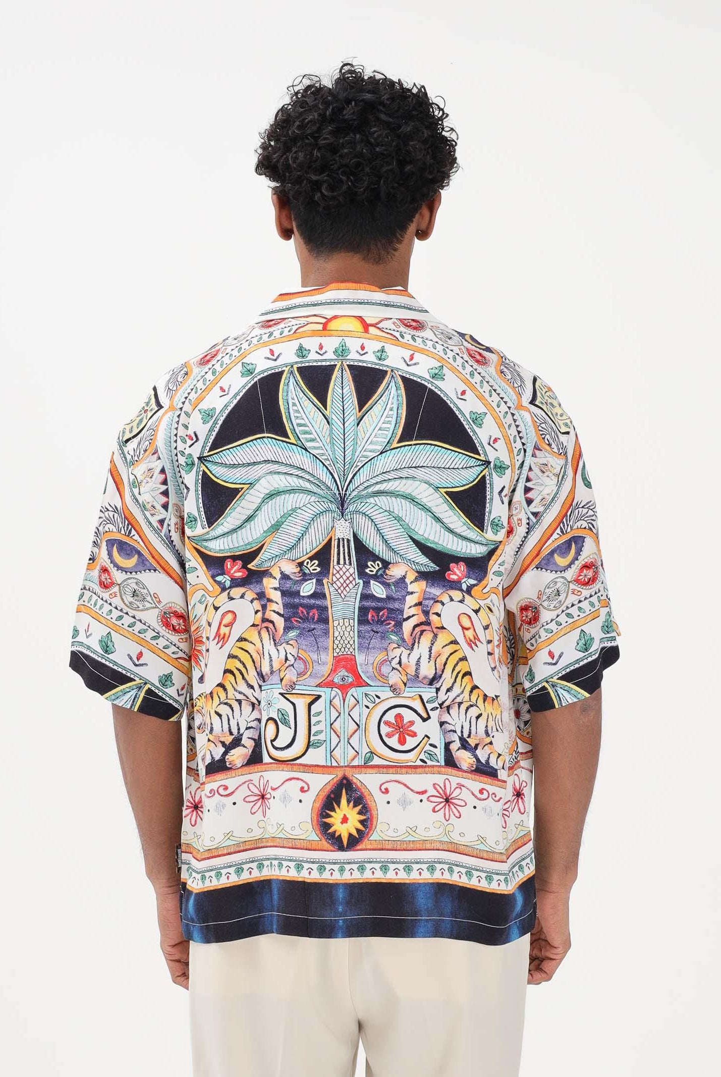 JUST CAVALLI Camicia a manica corta bianca da uomo con stampa grafica multicolor 80OALF04CNF05 004 JUST CAVALLI