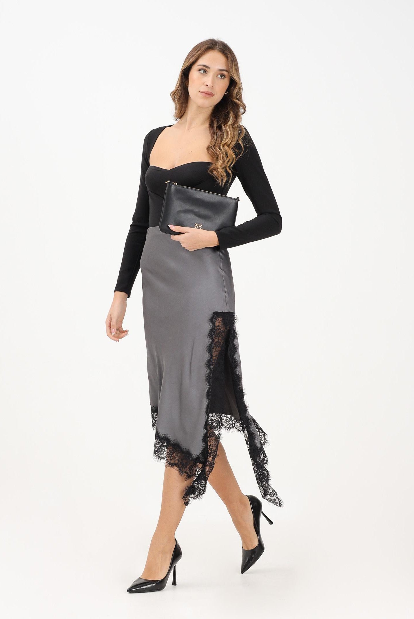 VICOLO Gonna midi grigia da donna con profilo in pizzo nero TF0995 NE VICOLO