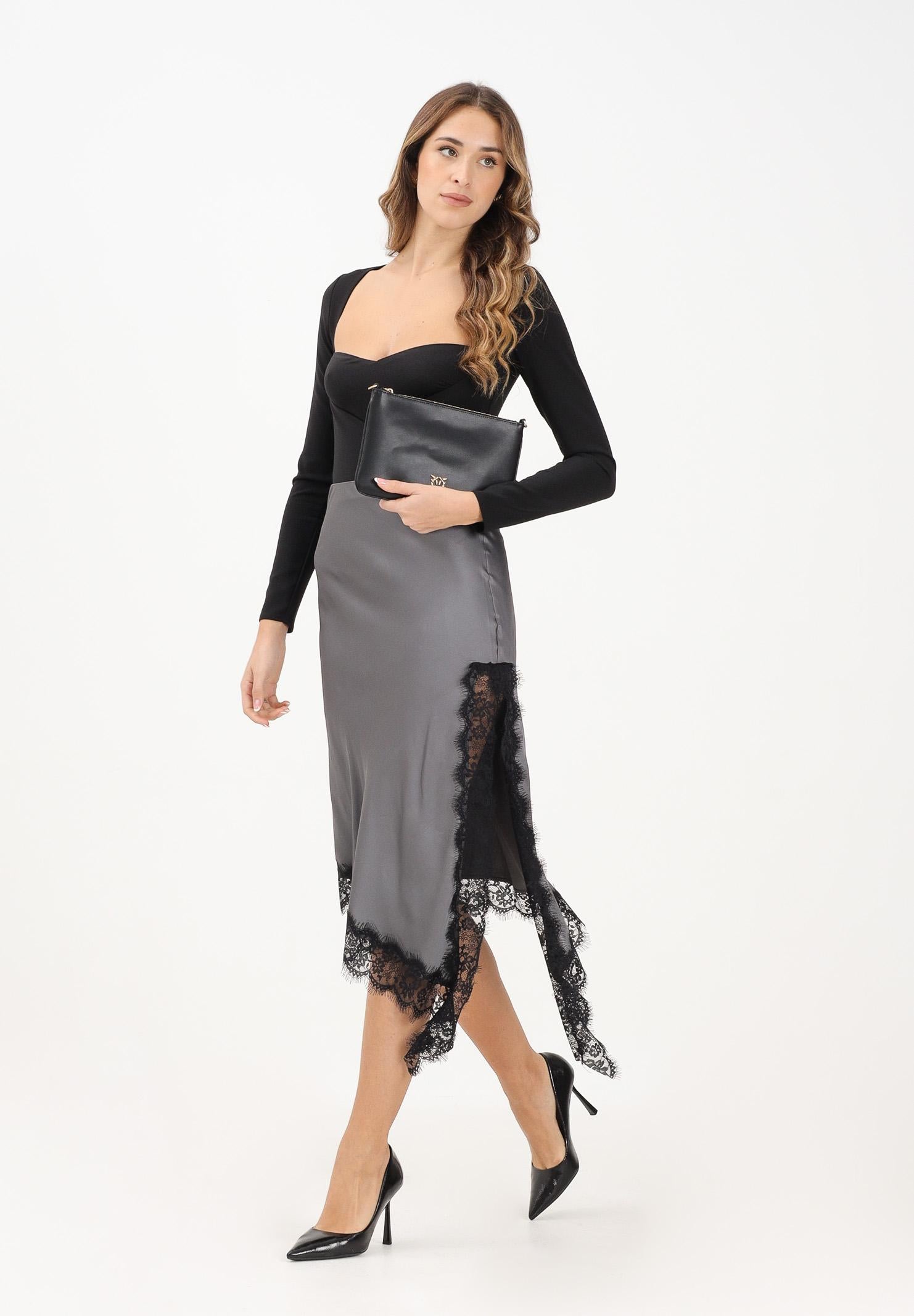 VICOLO Gonna midi grigia da donna con profilo in pizzo nero TF0995 NE VICOLO