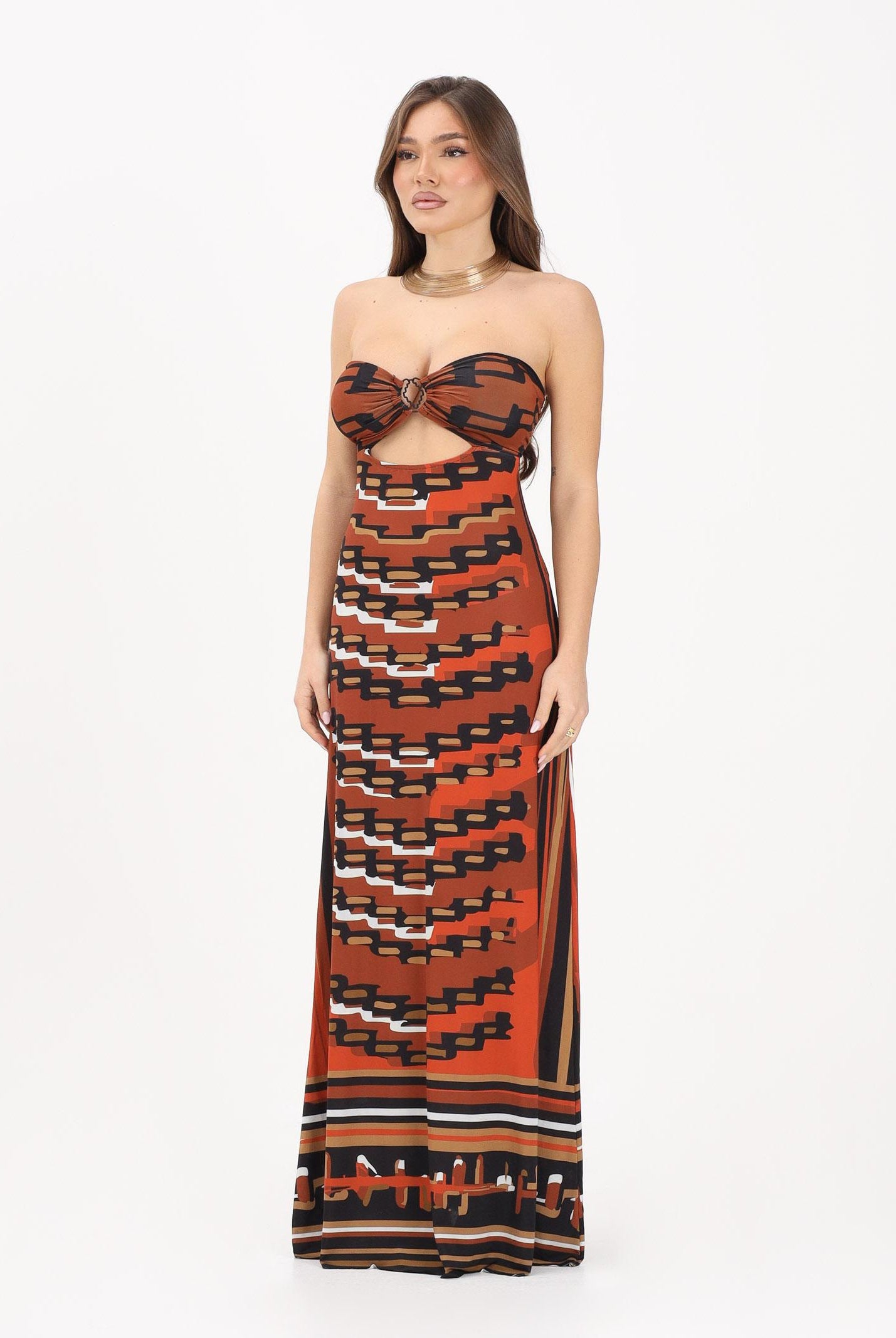 ME FUI Abito lungo mattone da donna caratterizzato da una stampa grafica MF26-SW0418X21 . ME FUI