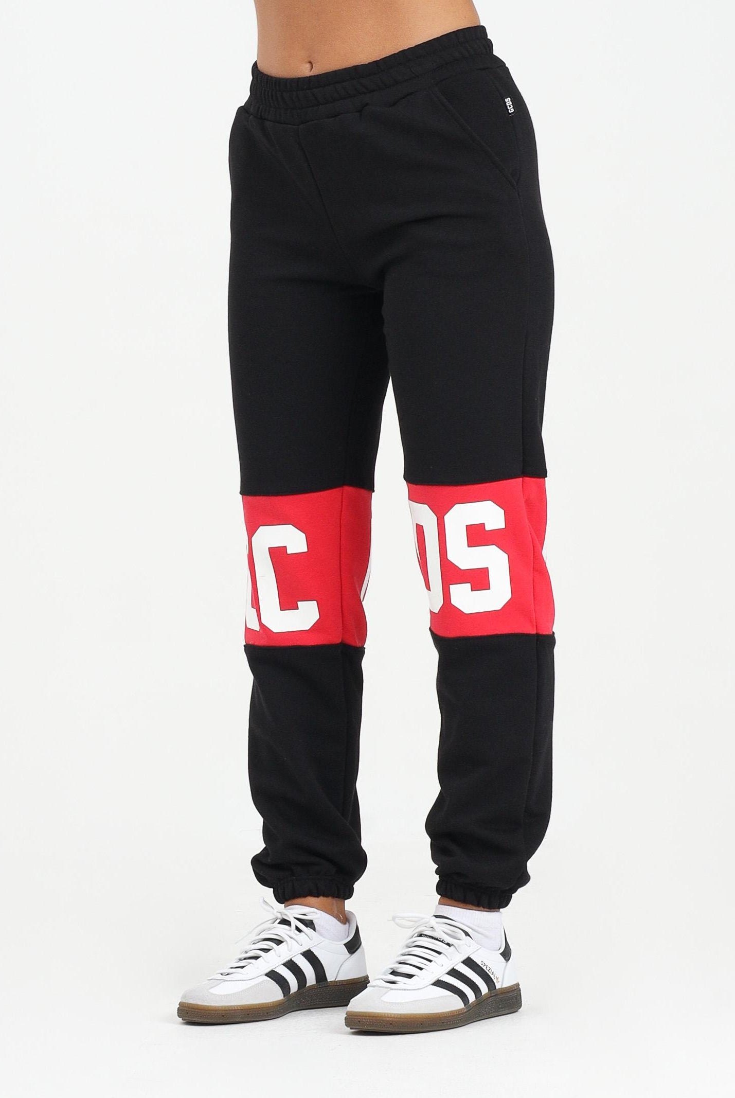 GCDS Pantalone sportivo nero per donna, ragazzi e bambini con fascia a contrasto e logo B2JU3017BA2 99 GCDS