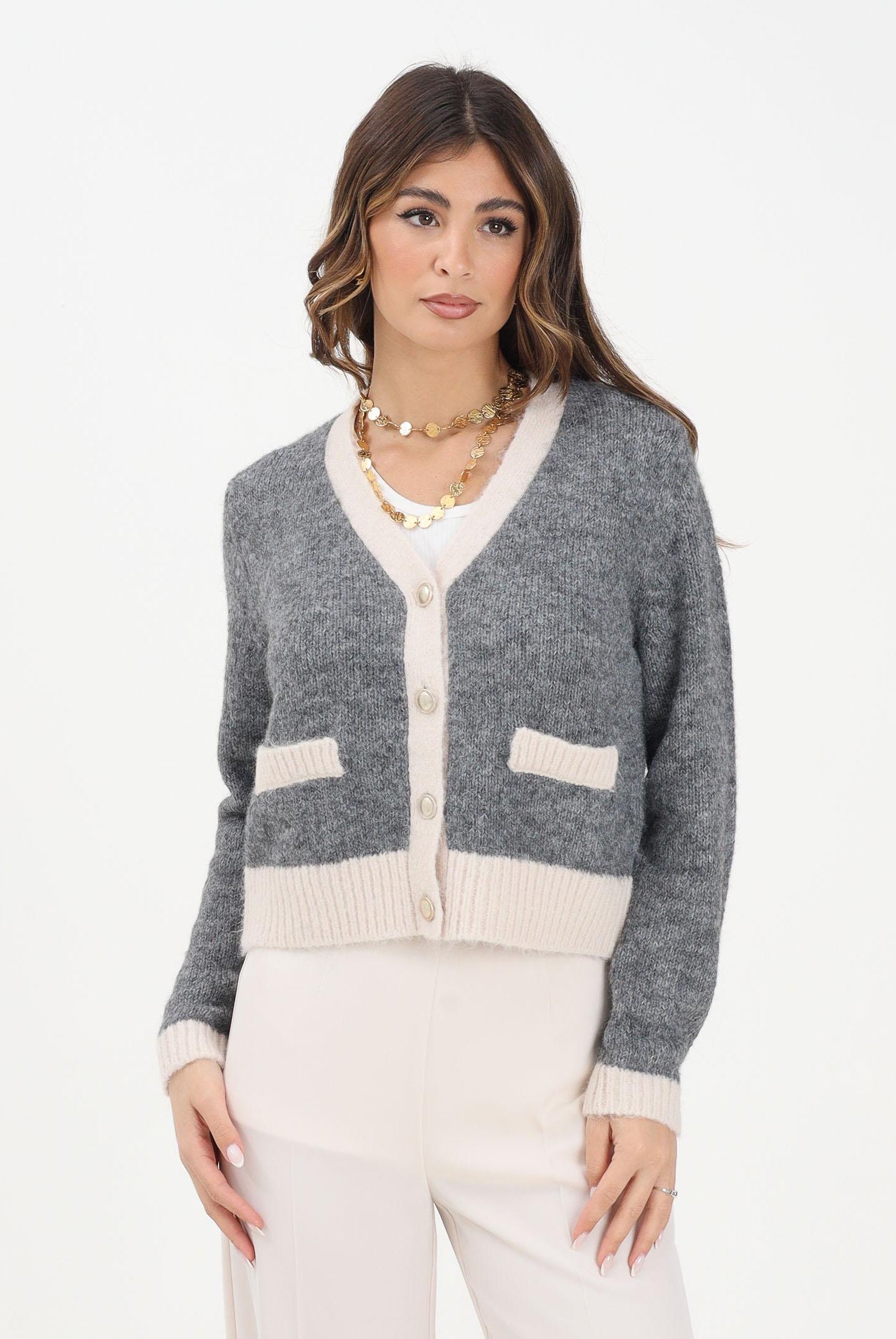 ONLY Cardigan grigio da donna con dettagli a contrasto color panna 15350851 MediumGreyMel ONLY