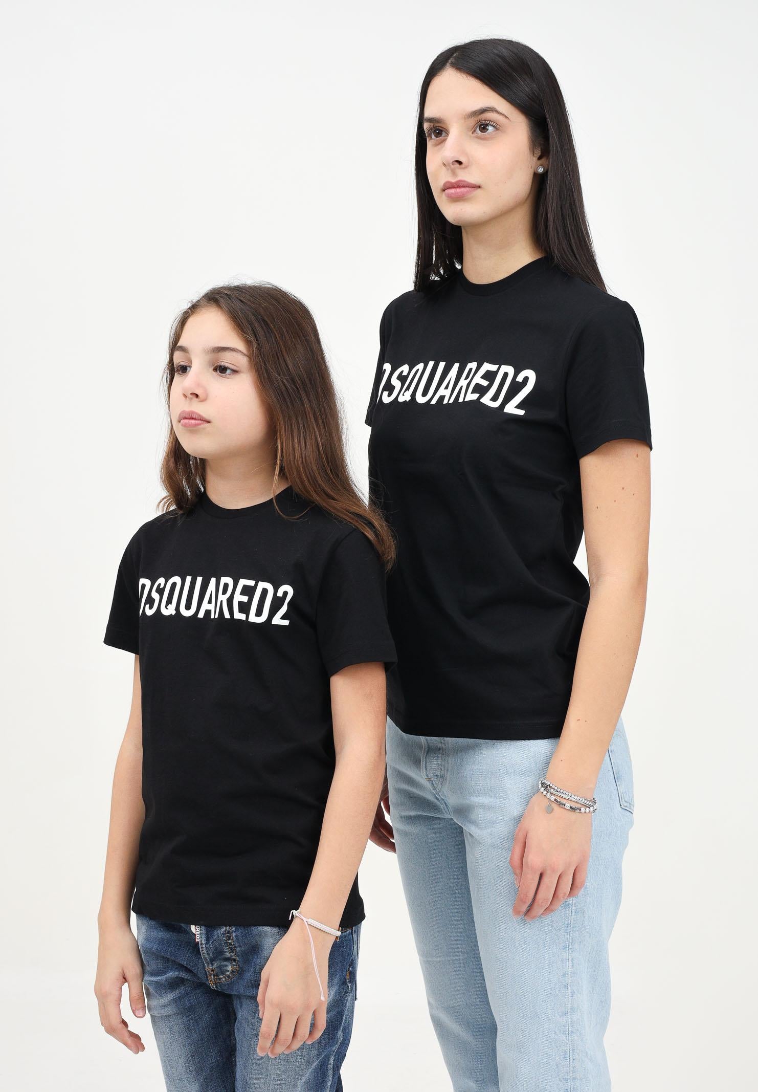 DSQUARED2 T-shirt a manica corta nera per donna e bambina con maxi stampa logo lettering DQ1832D0A4C DQ900 DSQUARED2